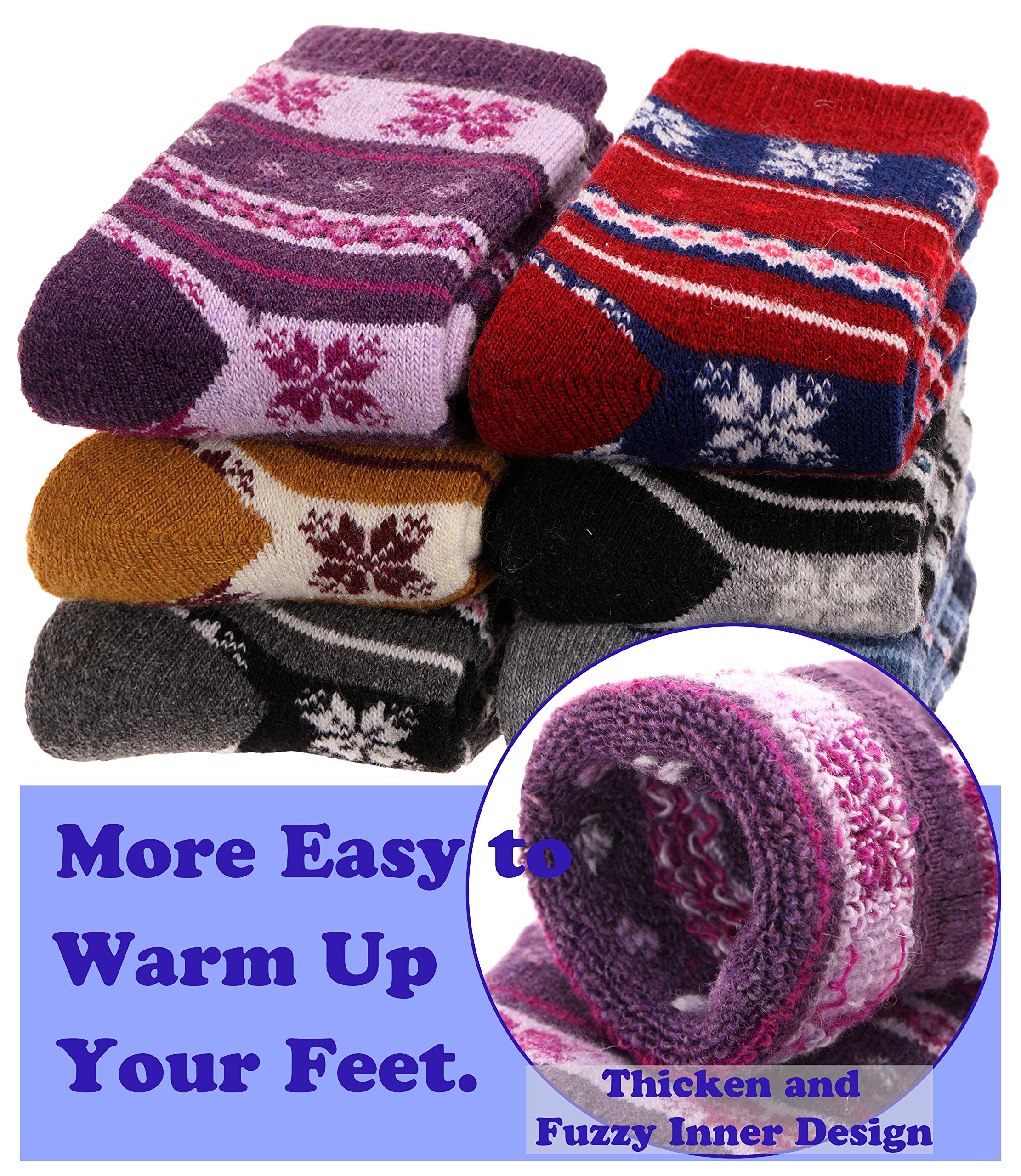 EBMORE Kids Wool Socks for Toddlers Boys Girls Warm Winter Thick Hiking Thermal Heavy Cozy Crew Boot Socks 6 Pairs (Stripe Snowf