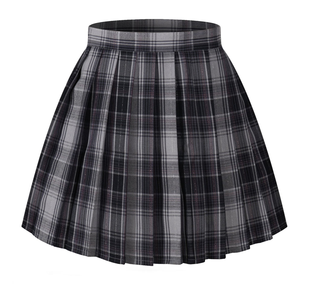 Girl's School Uniform Plaid Pleated Costumes Skirts (M,Grey Mixed Purple)