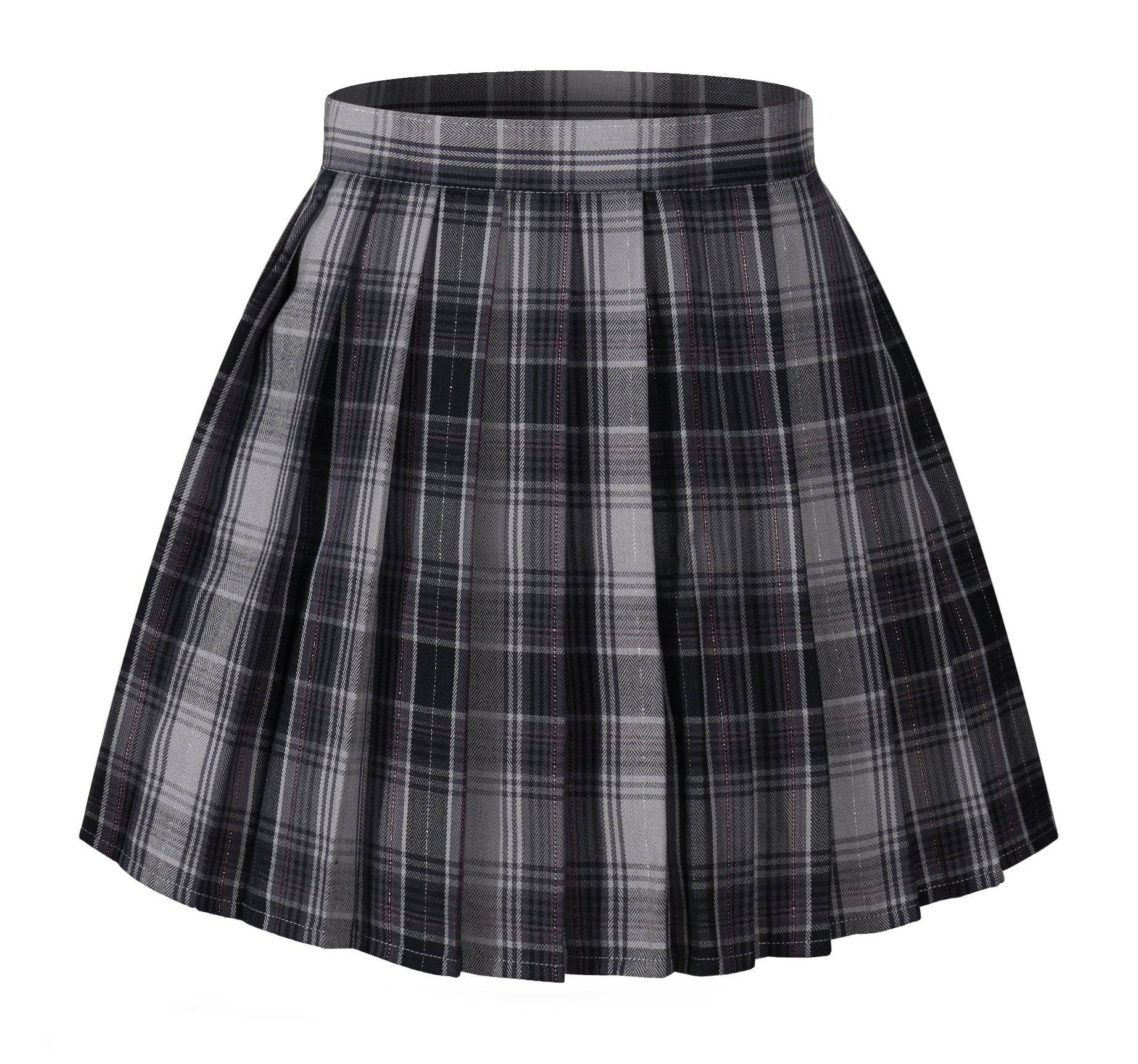 Girl's School Uniform Plaid Pleated Costumes Skirts (M,Grey Mixed Purple)