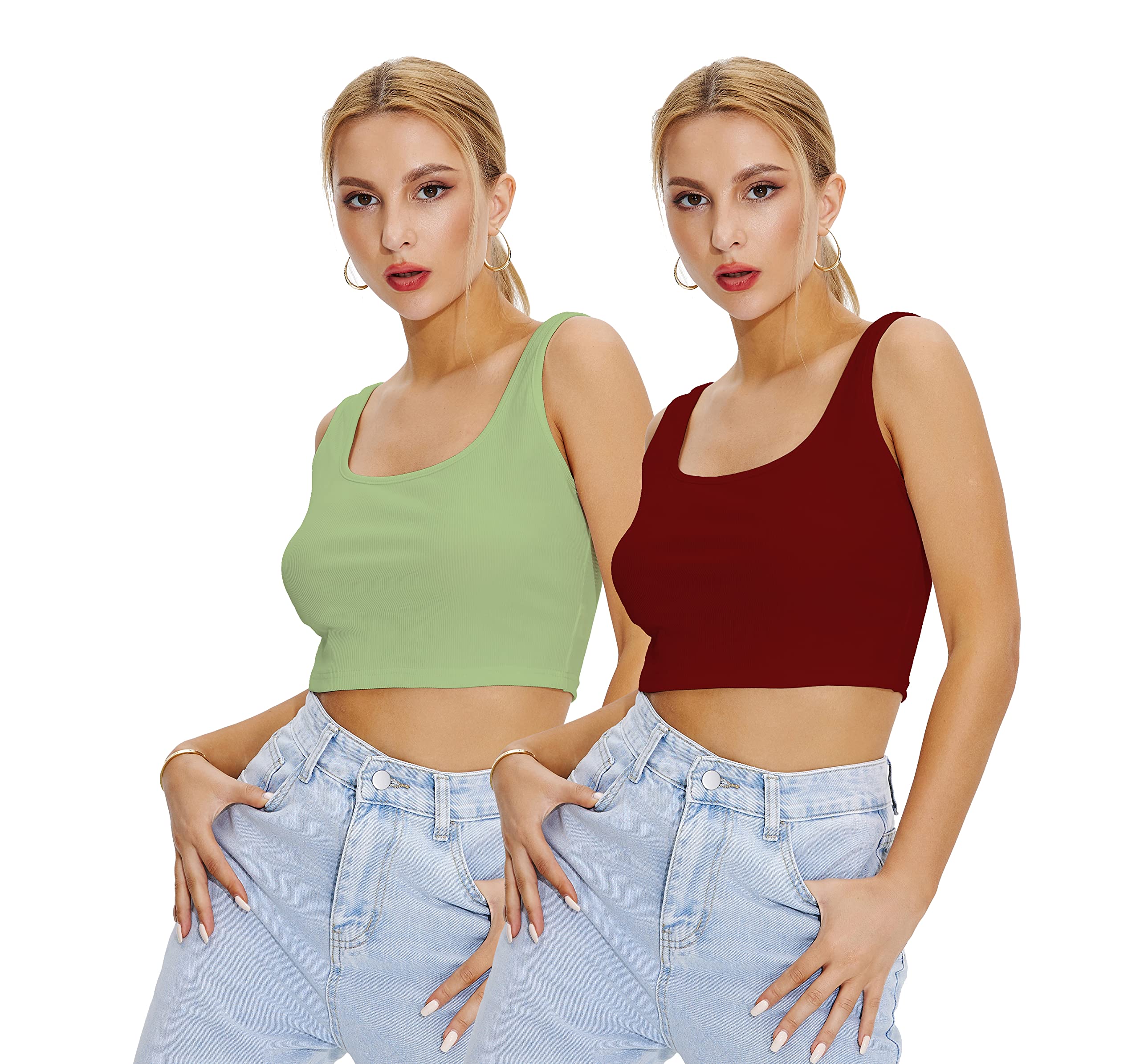 Shasmi Womens & Girls Solid Ribbed Square Neck Collarless Sleeveless Slim Fit Simplicity Tank Tops (Pack of 2) (TOP 36 Maroon 