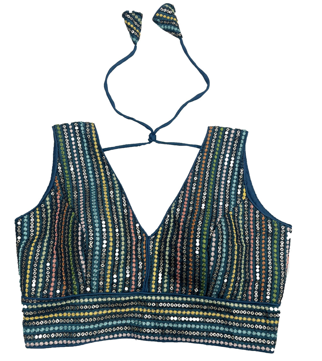 Pujia Mills Womens Sleeveless Readymade sabyasachi Pattern V Neck Blouse Embroidery Work with Sequence Blouse Indian Ethnic wea