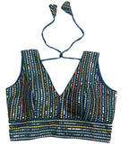 Pujia Mills Womens Sleeveless Readymade sabyasachi Pattern V Neck Blouse Embroidery Work with Sequence Blouse Indian Ethnic wea