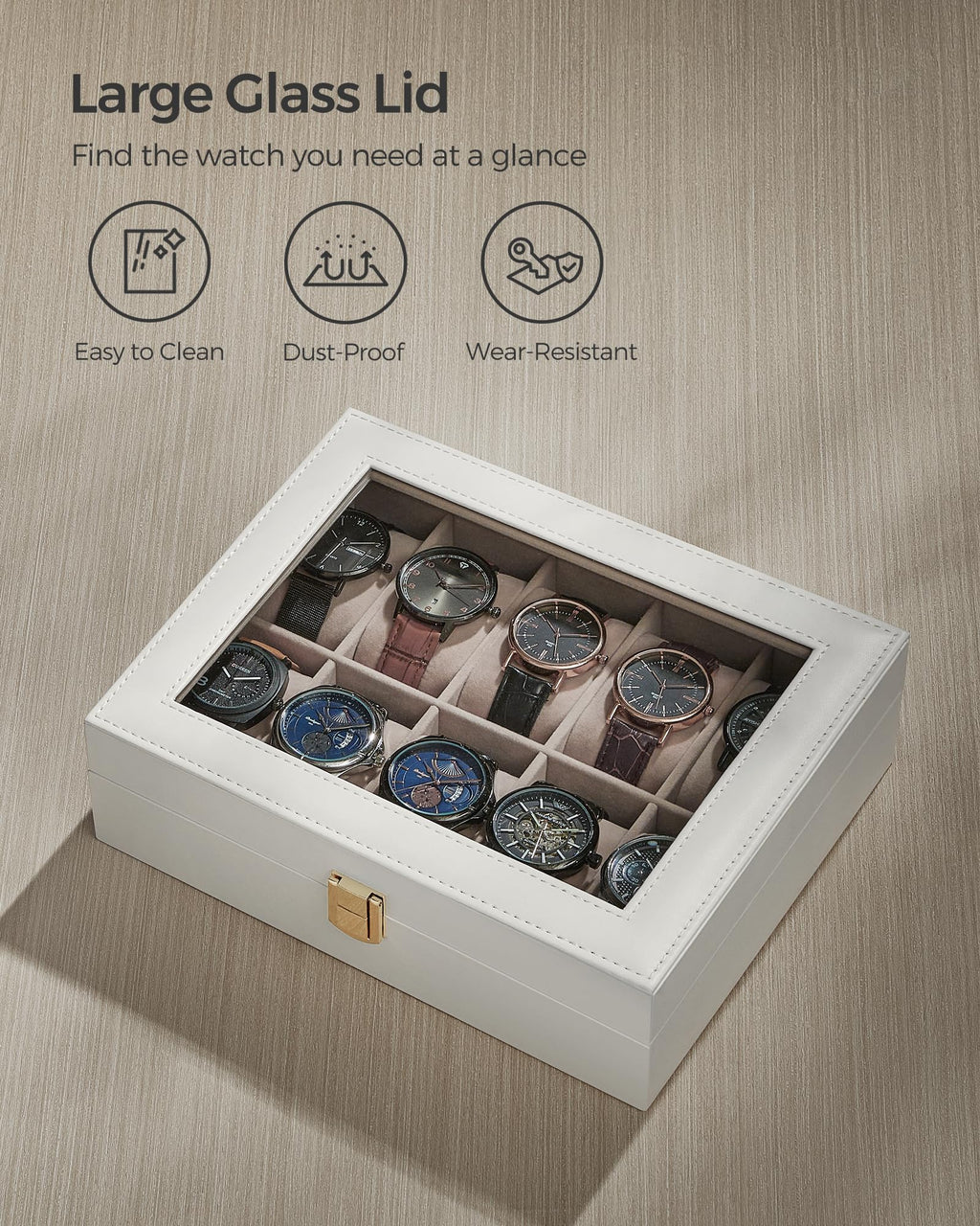 SONGMICS Watch Box, 10-Slot Watch Case with Large Glass Lid, Removable Watch Pillows, Watch Box Organizer, Gift for Loved Ones,