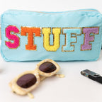 Fablinks Preppy Pouch, Chenille Varsity Letter Stuff Bag, Aqua Nylon Skin Care Patch Bags Organizer, Travel Make Up Skincare Cos