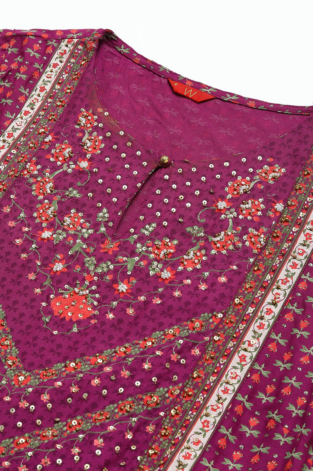 W For Woman Dark Purple Floral Printed A-Line Kurta With Sequins