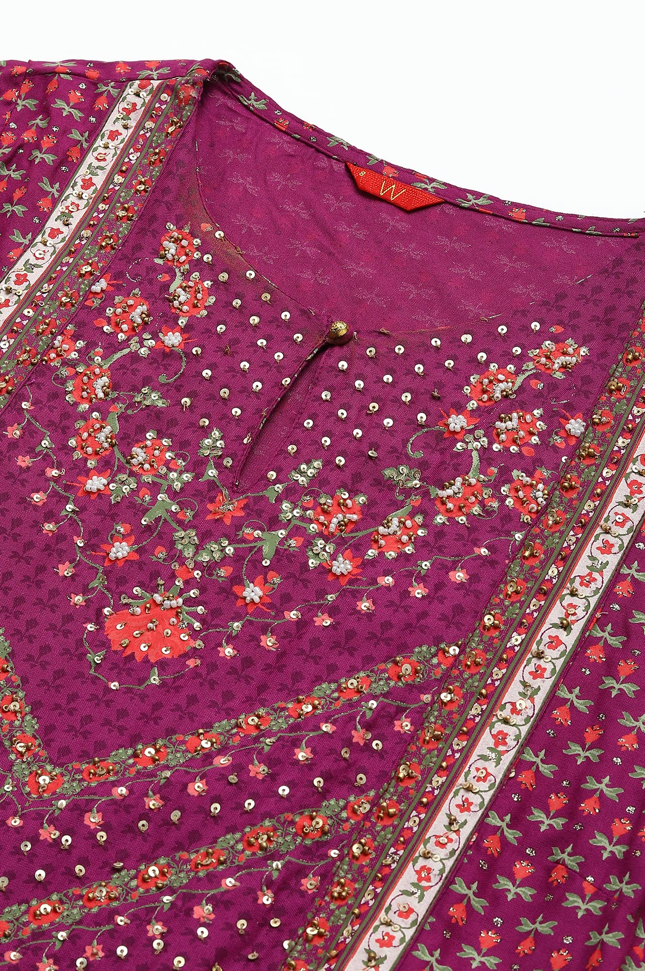 W For Woman Dark Purple Floral Printed A-Line Kurta With Sequins