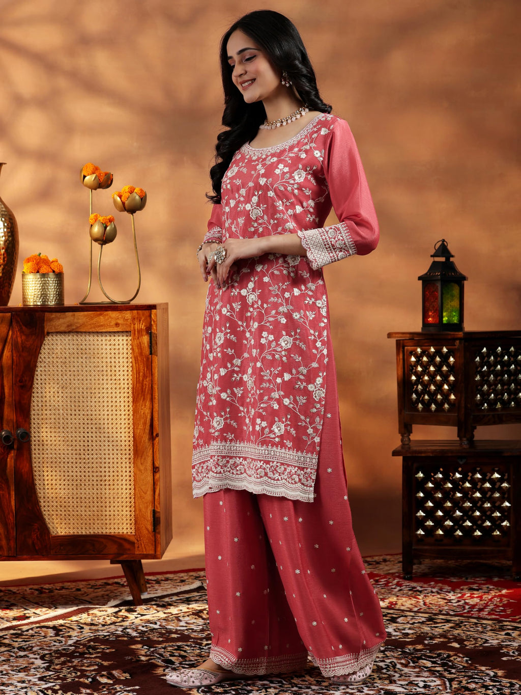 Libas Coral Embroidered Silk Blend Straight Kurta With Palazzos & Dupatta