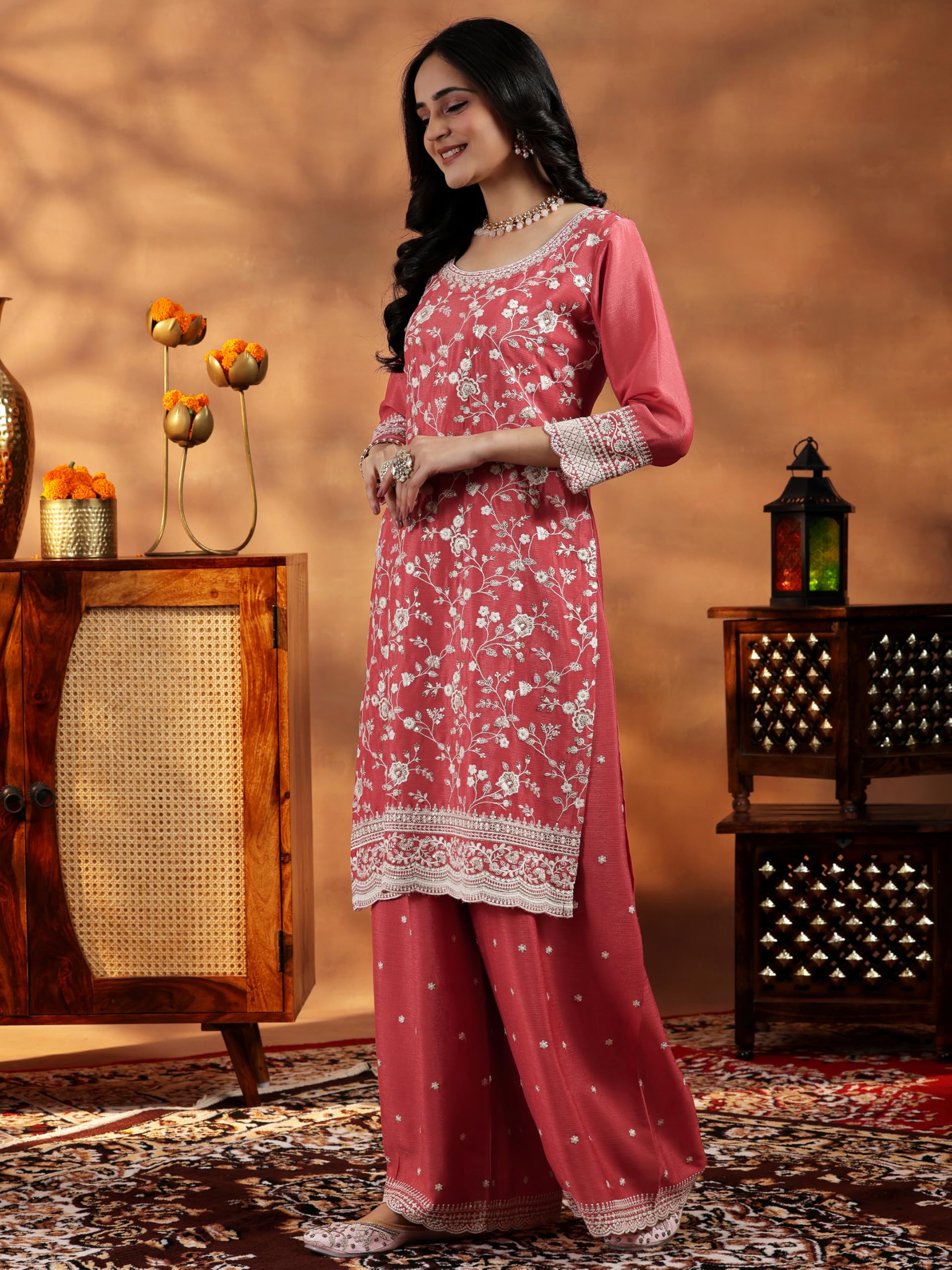 Libas Coral Embroidered Silk Blend Straight Kurta With Palazzos & Dupatta