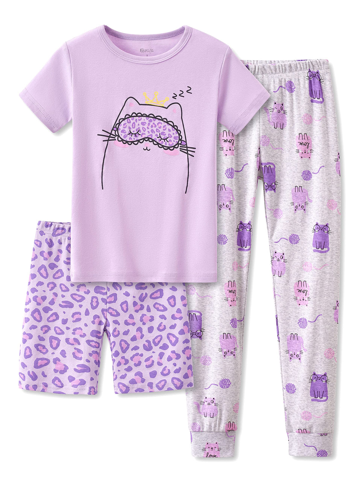 Topgal Little & Big Girls Cotton Knit Pajama 3Piece Shorts Pants Summer PJ Set Size 414, Purple Kittten, 8 8