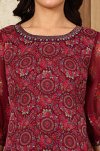 Wine Floral Printed Dori Embroidered Chiffon Kurta With Attached Lining