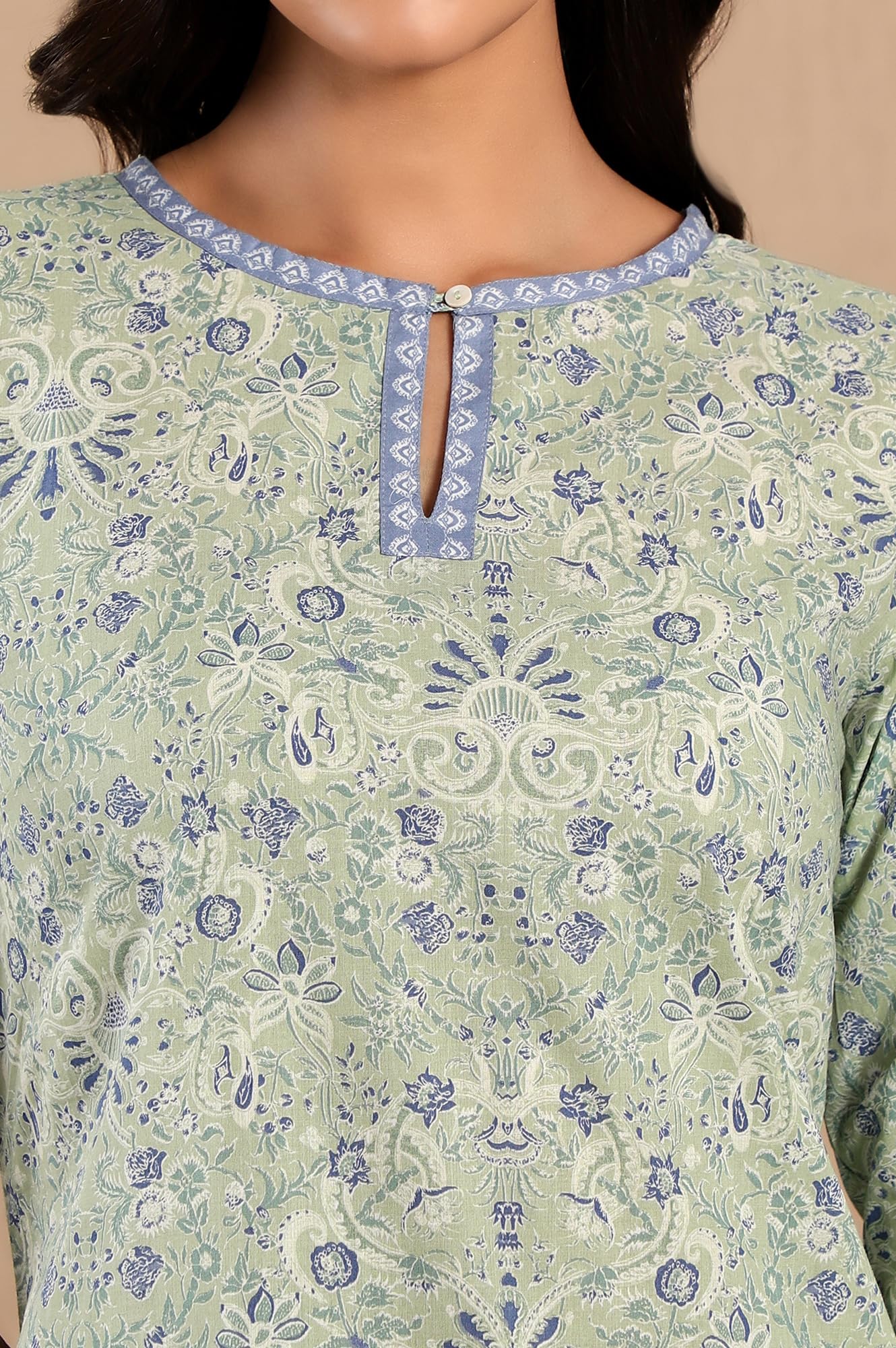 W For Woman Light Green Floral Printed Cotton Regular Kurta