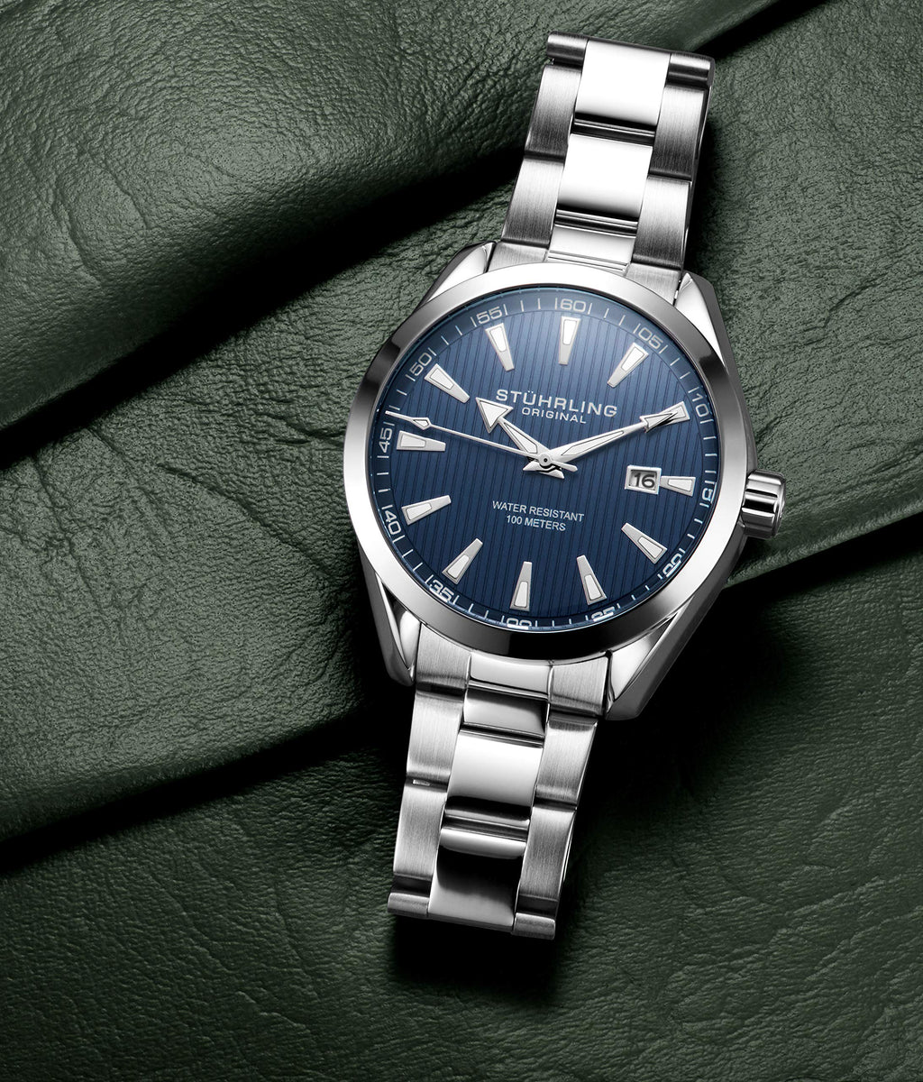 Stuhrling Original Blue Watch for Men Analog Watch Dial with Date - Stainless Steel Silver Bracelet, 3953 Mens Watch Collection