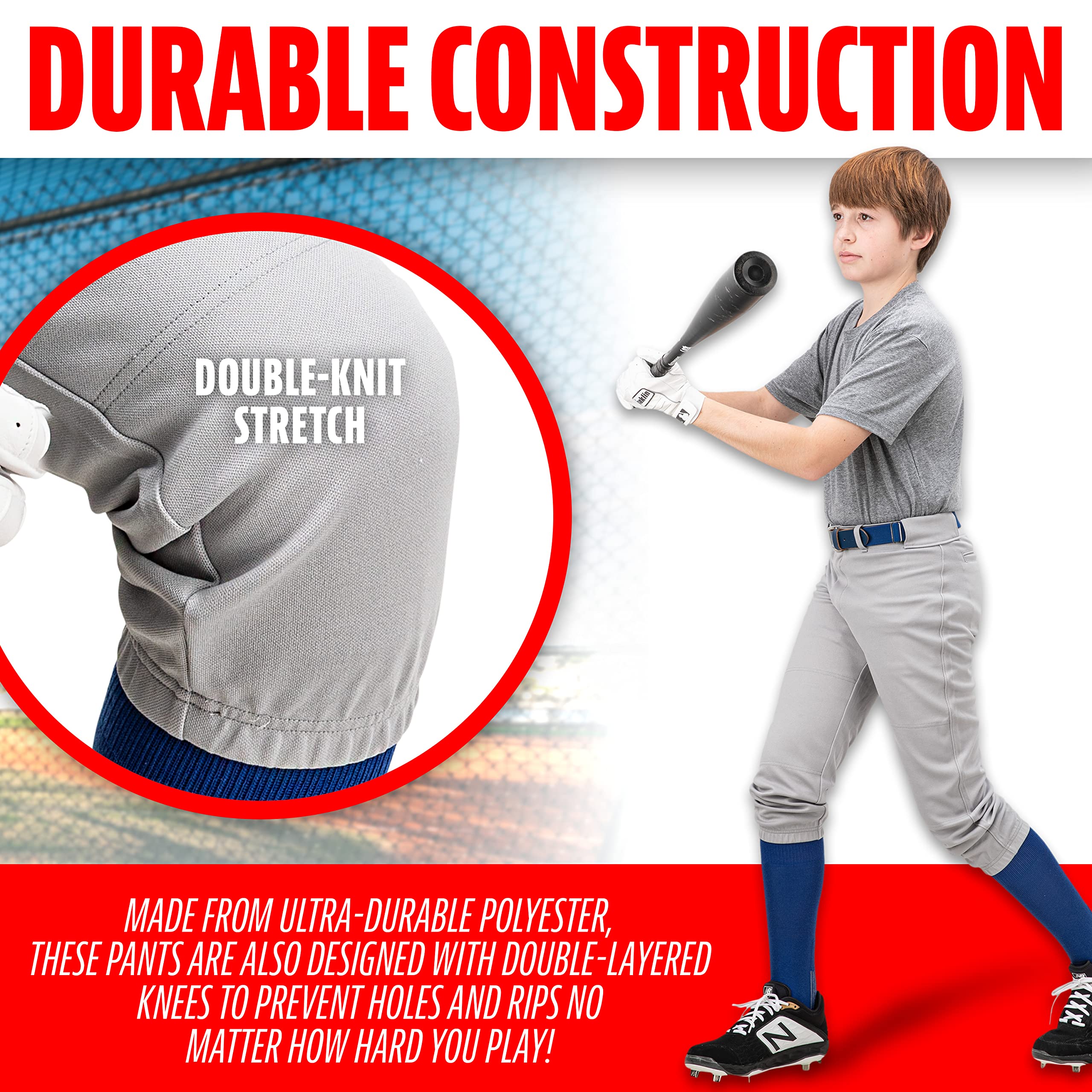 Franklin Sports Youth Baseball + Softball Pants - Knee High Grey Baseball Pants for Kids - Boys + Girls Knicker Style Bottoms wi