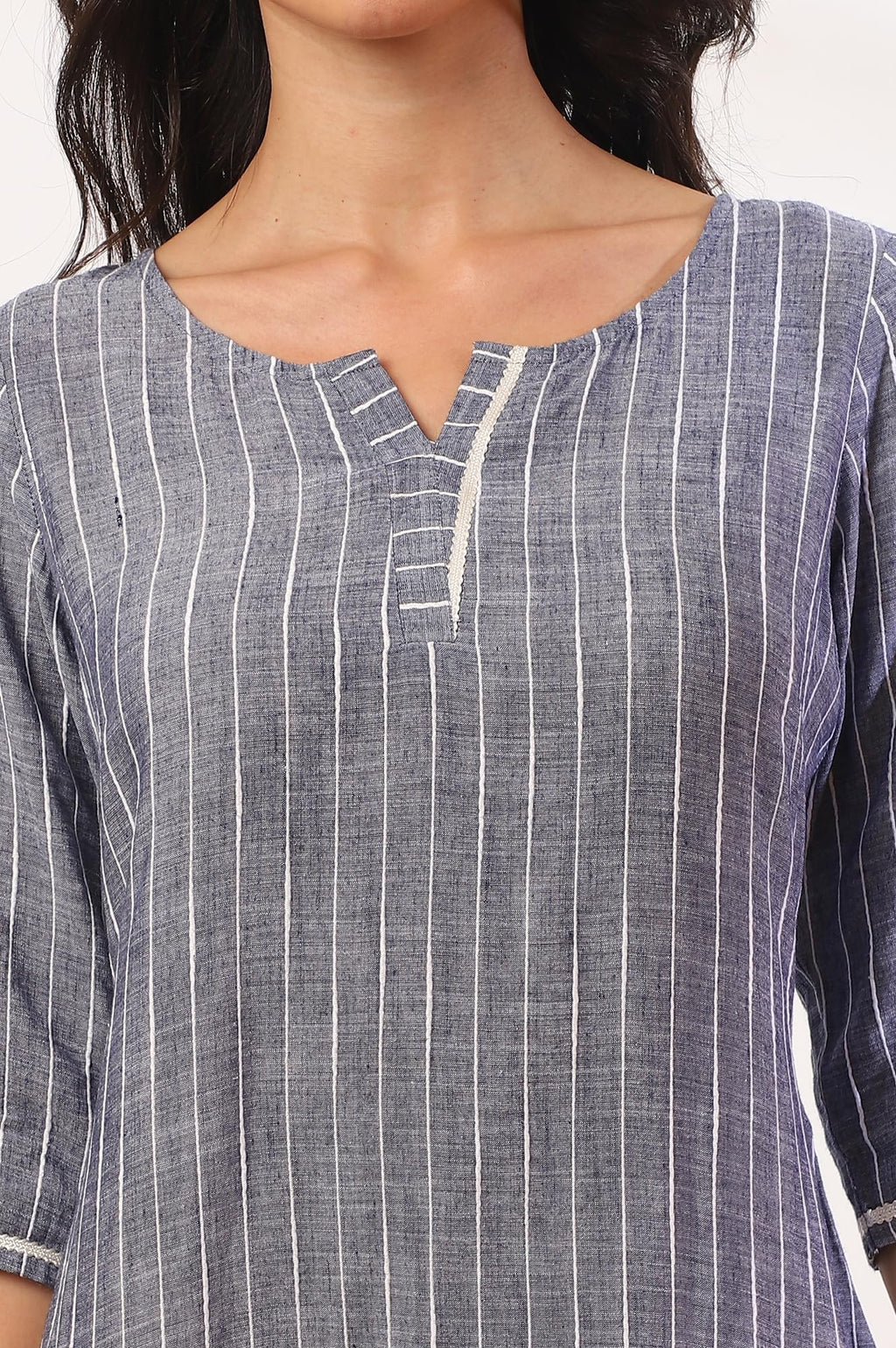 Aurelia Women'S Grey Yarn Dyed Cotton Blend Straight Kurta