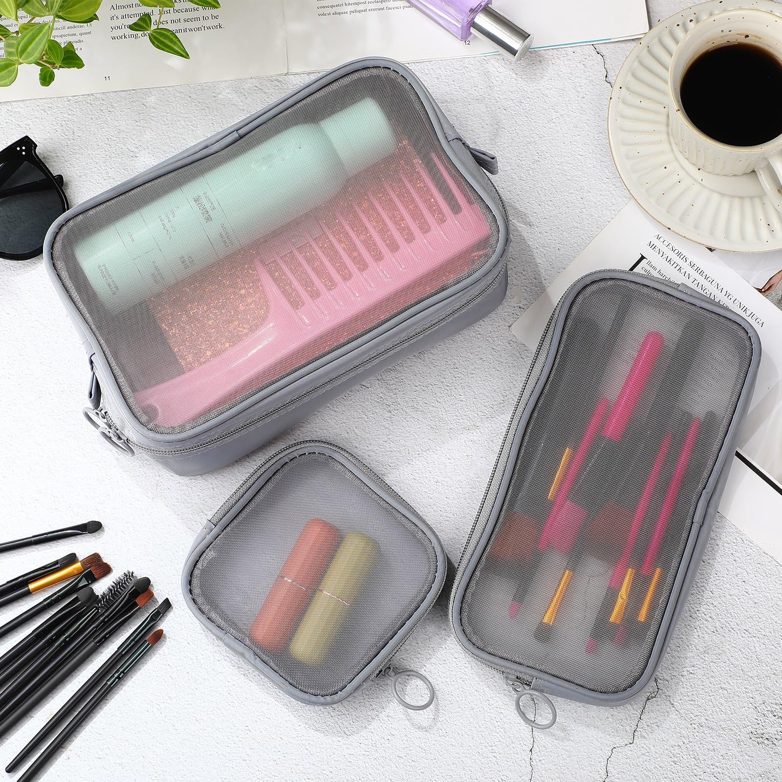 Weewooday 4 Pcs Mesh Makeup Bag Mesh Cosmetic Bag Travel Toiletry Bag Pouch with Zipper Mini Portable Makeup Cosmetic Travel Toi