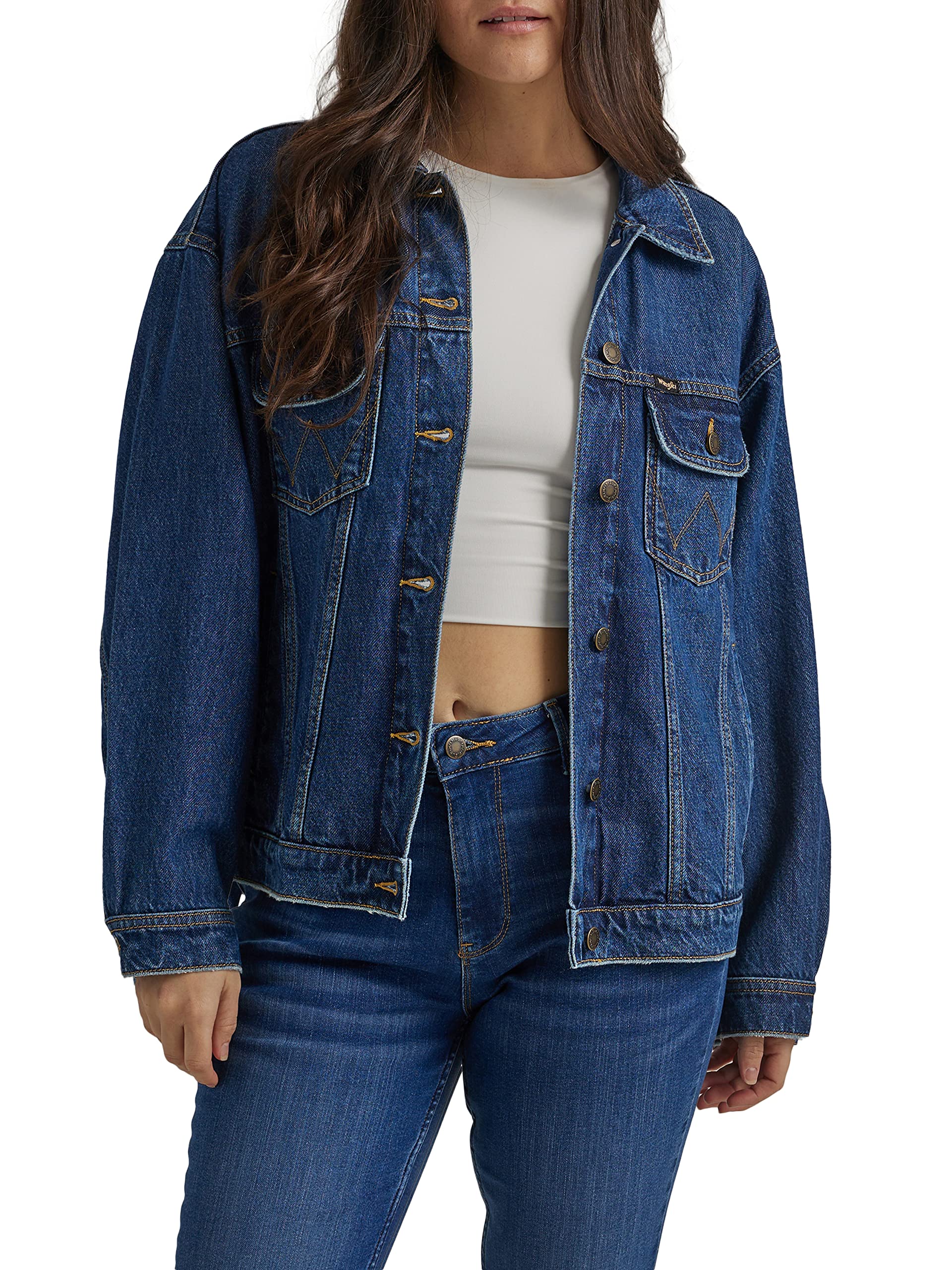Wrangler Women's Relaxed Fit Girlfriend Denim Jacket, Daffodil, XX-Large