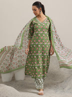 Libas WomenS Cotton Floral Kurta Set (400158O Green