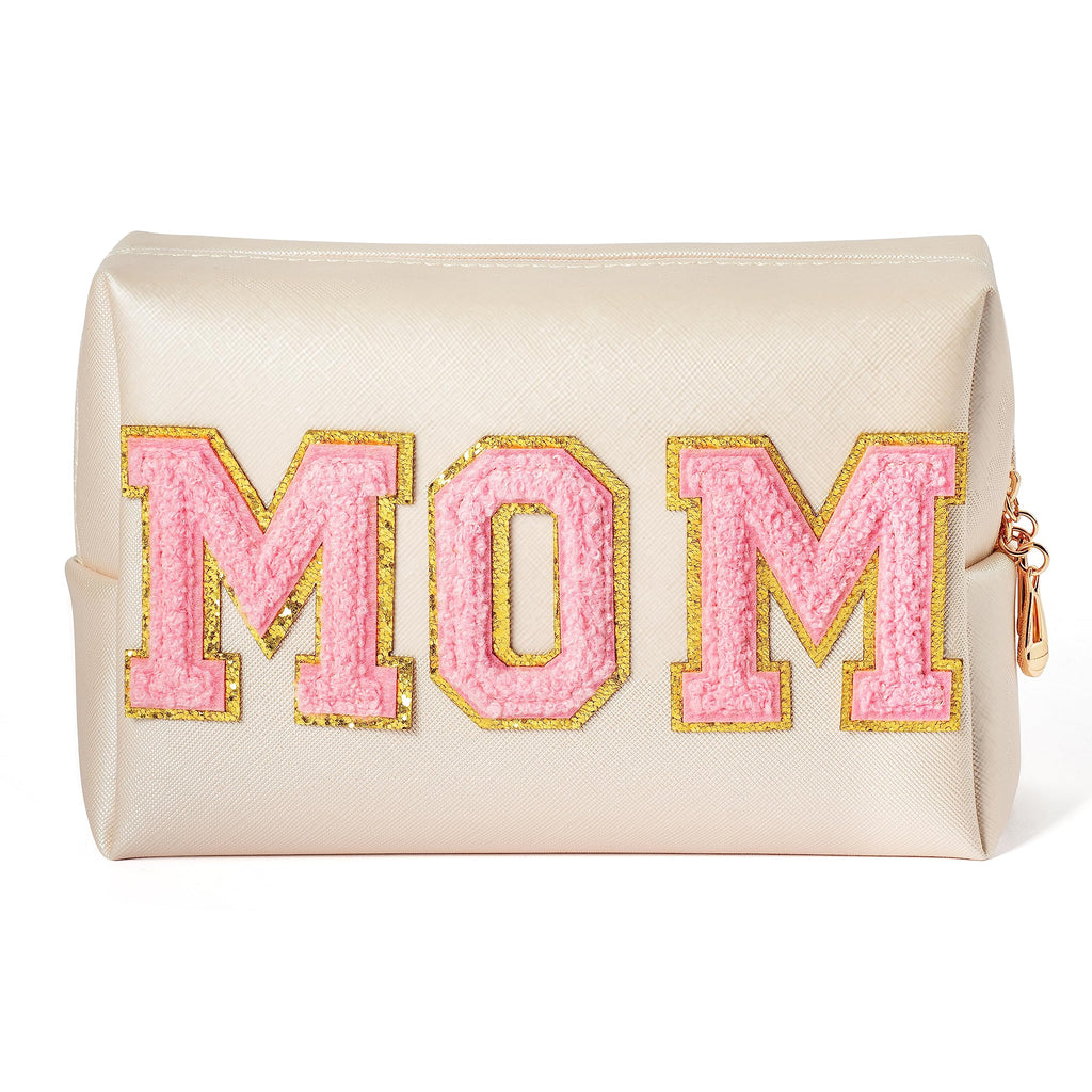 Y1tvei Preppy Patch MOM Varsity Letter Cosmetic Toiletry Bag PU Leather Portable Waterproof Makeup Bag Zipper Pouch Purse Travel