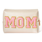 Y1tvei Preppy Patch MOM Varsity Letter Cosmetic Toiletry Bag PU Leather Portable Waterproof Makeup Bag Zipper Pouch Purse Travel