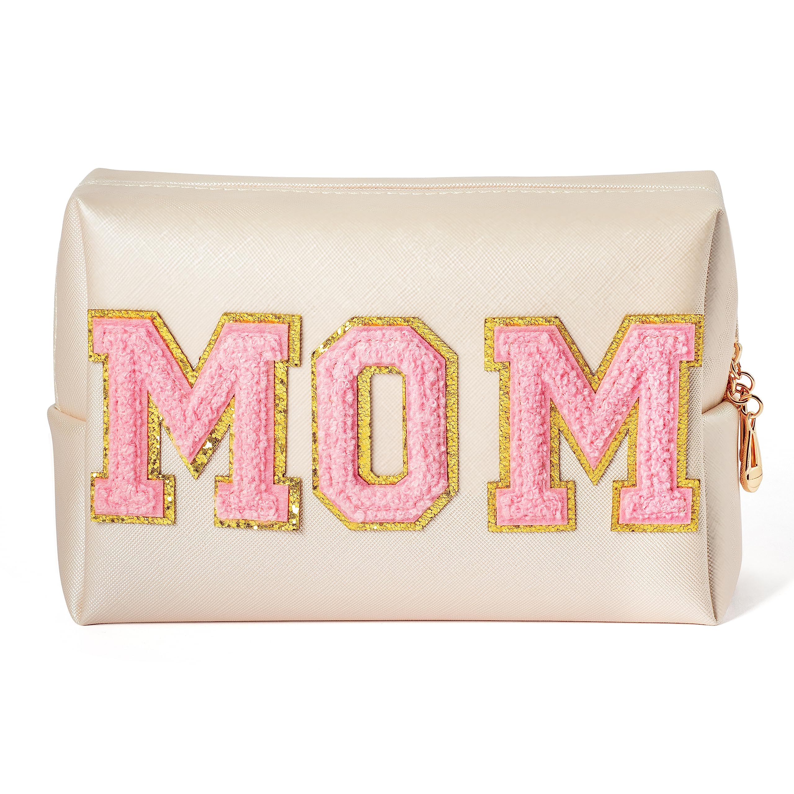 Y1tvei Preppy Patch MOM Varsity Letter Cosmetic Toiletry Bag PU Leather Portable Waterproof Makeup Bag Zipper Pouch Purse Travel