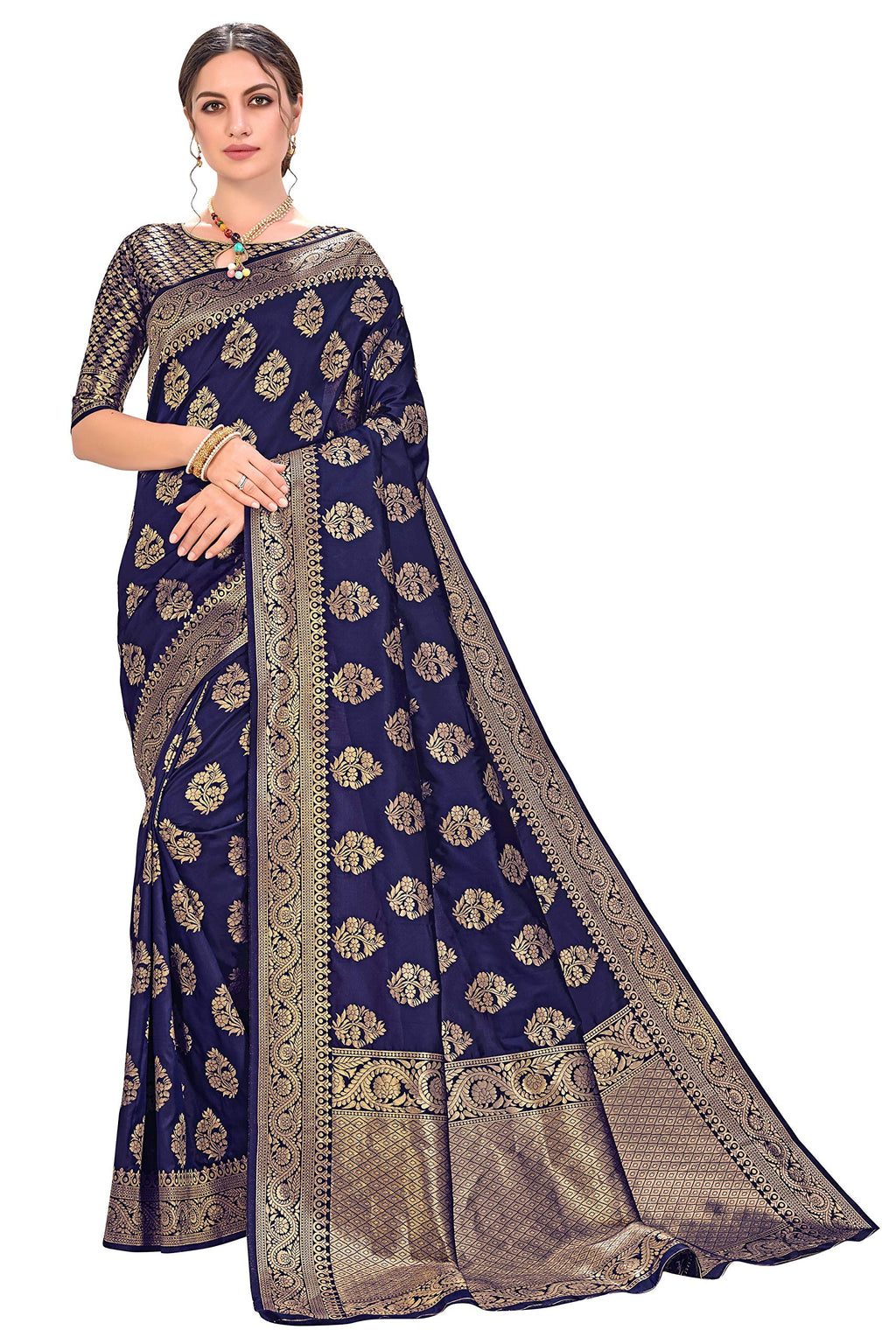 Glory Sarees Womens Banarasi Silk Saree (kara129_Navy)
