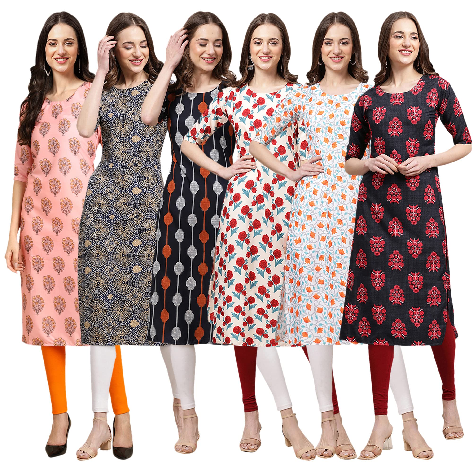 Pinkmint Women'S Crepe Digital Print Straight Kurta(Pack Of 6)[Qv-368-341-330-342-334-345-S]