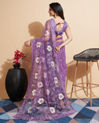 Vairagee WomenS Soft Net Flower Embroidered Border Work Saree And Unstitched Lilac Blouse Piece With Lace Work | Saree For Wedd