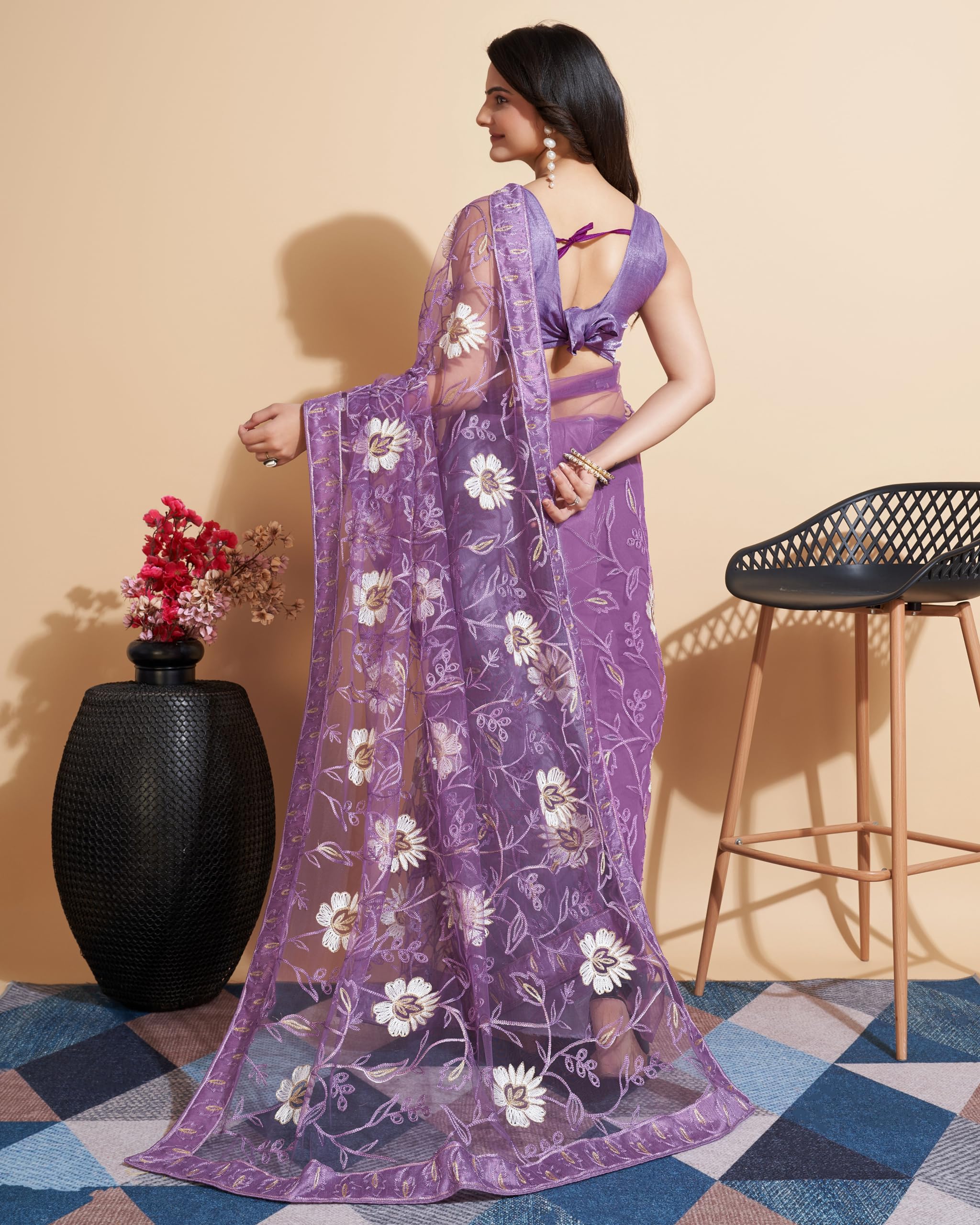 Vairagee WomenS Soft Net Flower Embroidered Border Work Saree And Unstitched Lilac Blouse Piece With Lace Work | Saree For Wedd