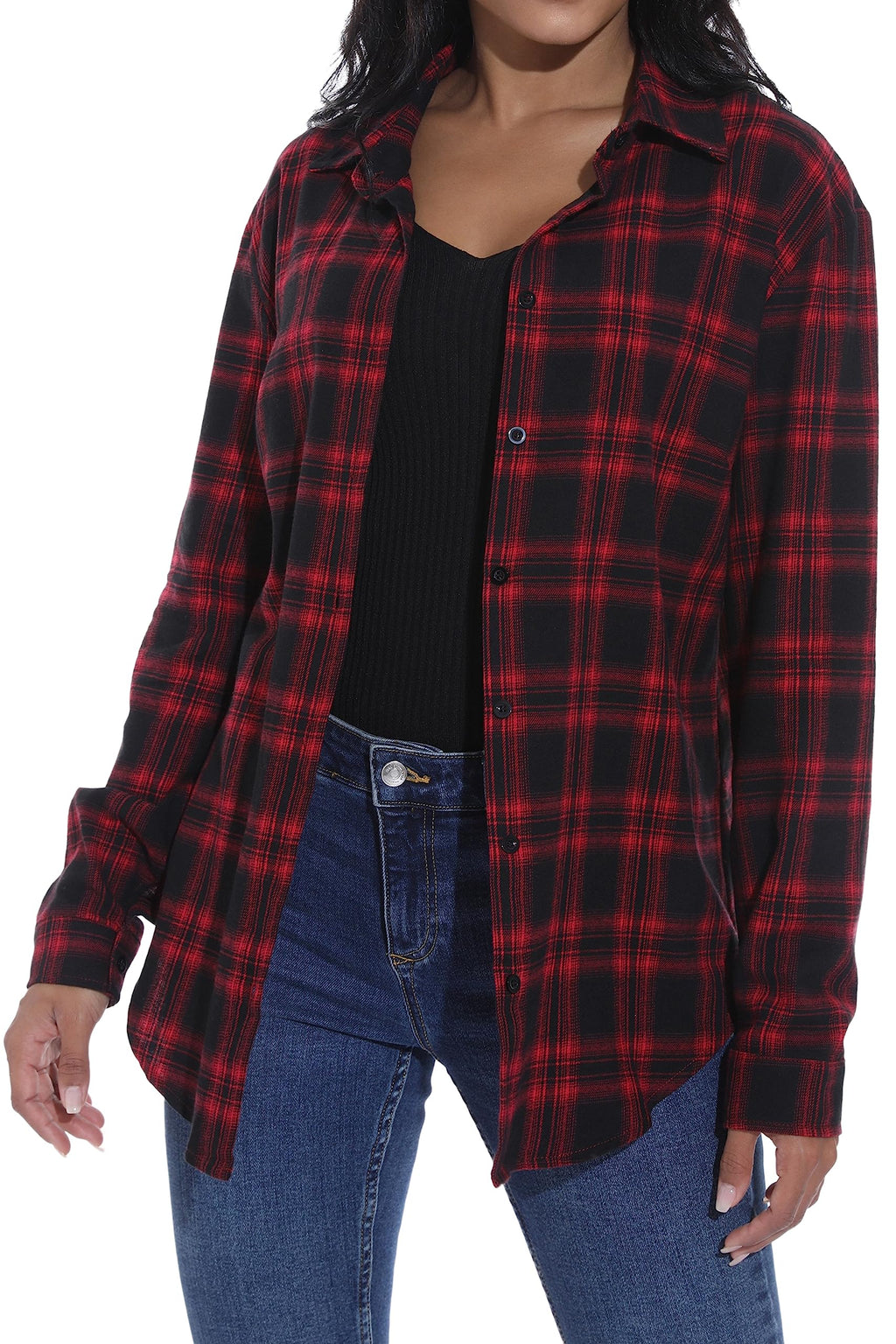 GUANYY Women's Classic Plaid Button Down Shirt - Loose Fit and Long Sleeves (Red Black Plaid, Large)
