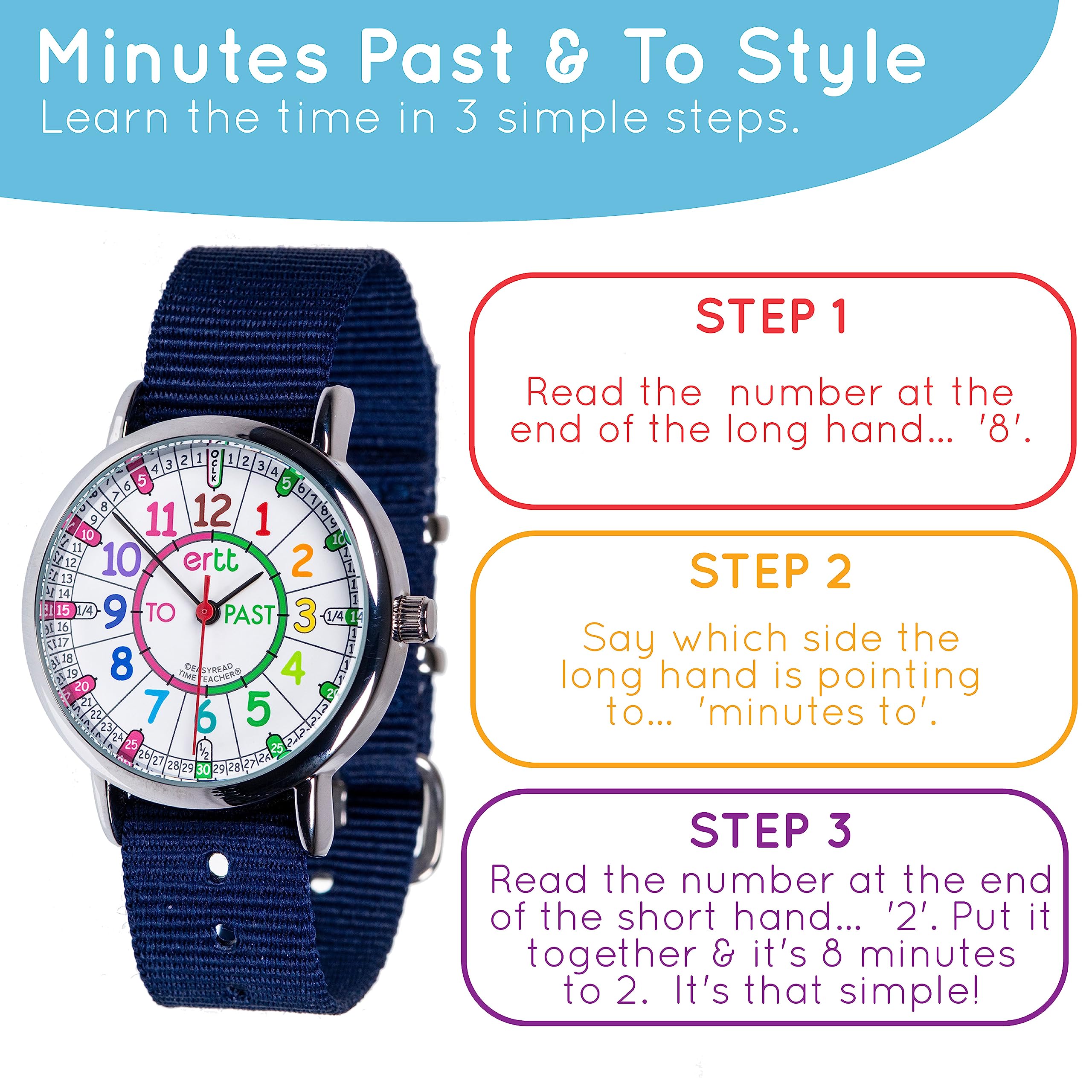 EasyRead Time Teacher Kids Analog Watch - Girls & Boys Teaching Watch - Tell The Time Childrens Watch - 3 Step Time Teacher Kids