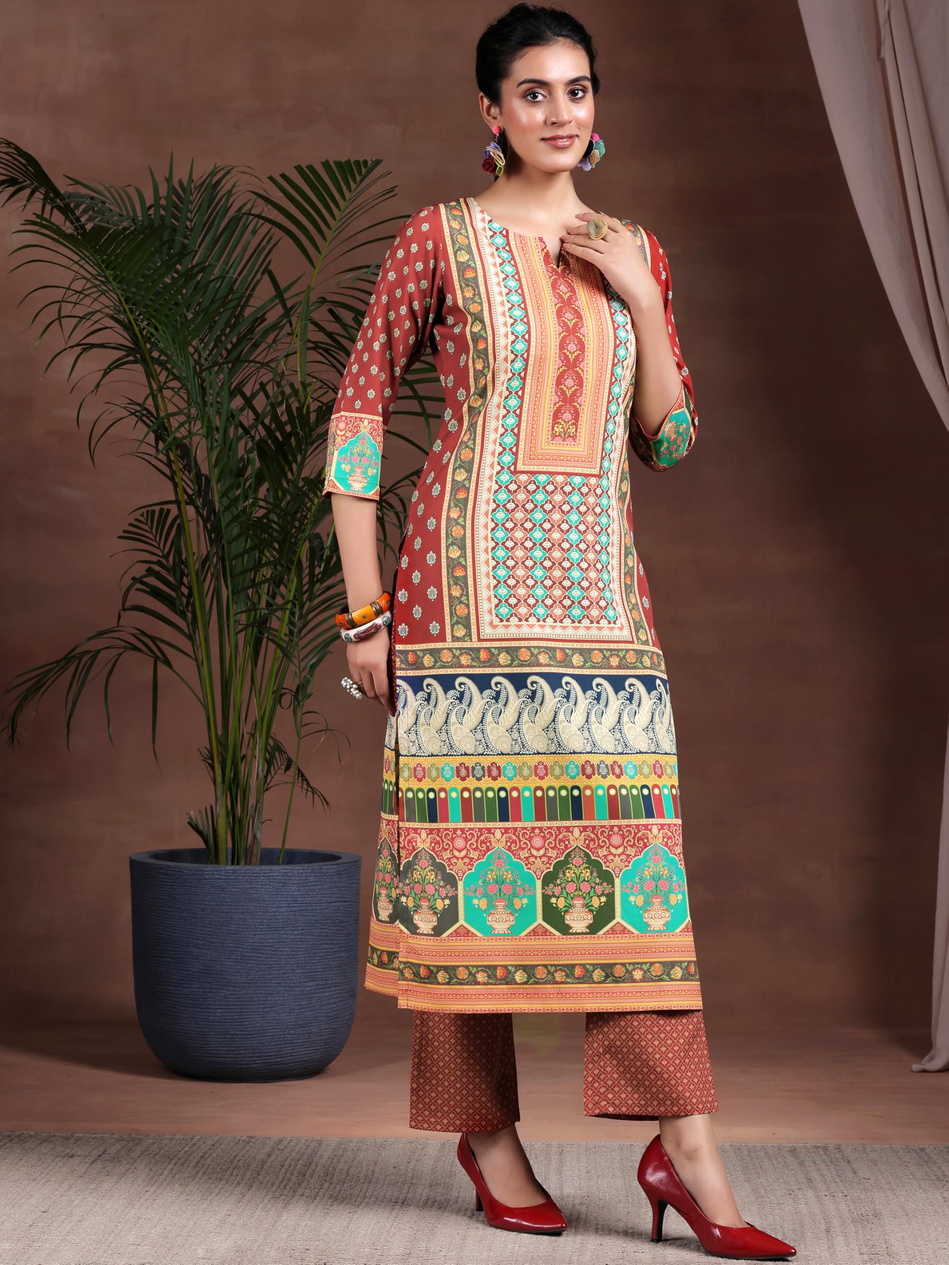 Libas Womens Printed Crepe Straight Kurta With Palazzos