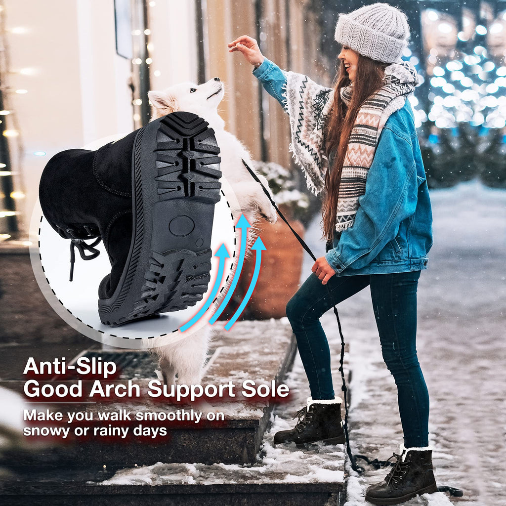 HARENCE Winter Snow Boots for Women Comfortable Outdoor Anti-Slip Ankle Boots Suede Warm Fur Lined Booties Lace Up Flat Platform