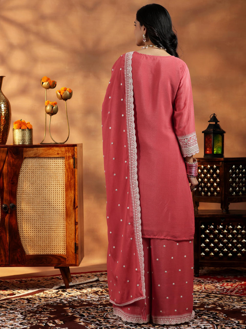 Libas Coral Embroidered Silk Blend Straight Kurta With Palazzos & Dupatta