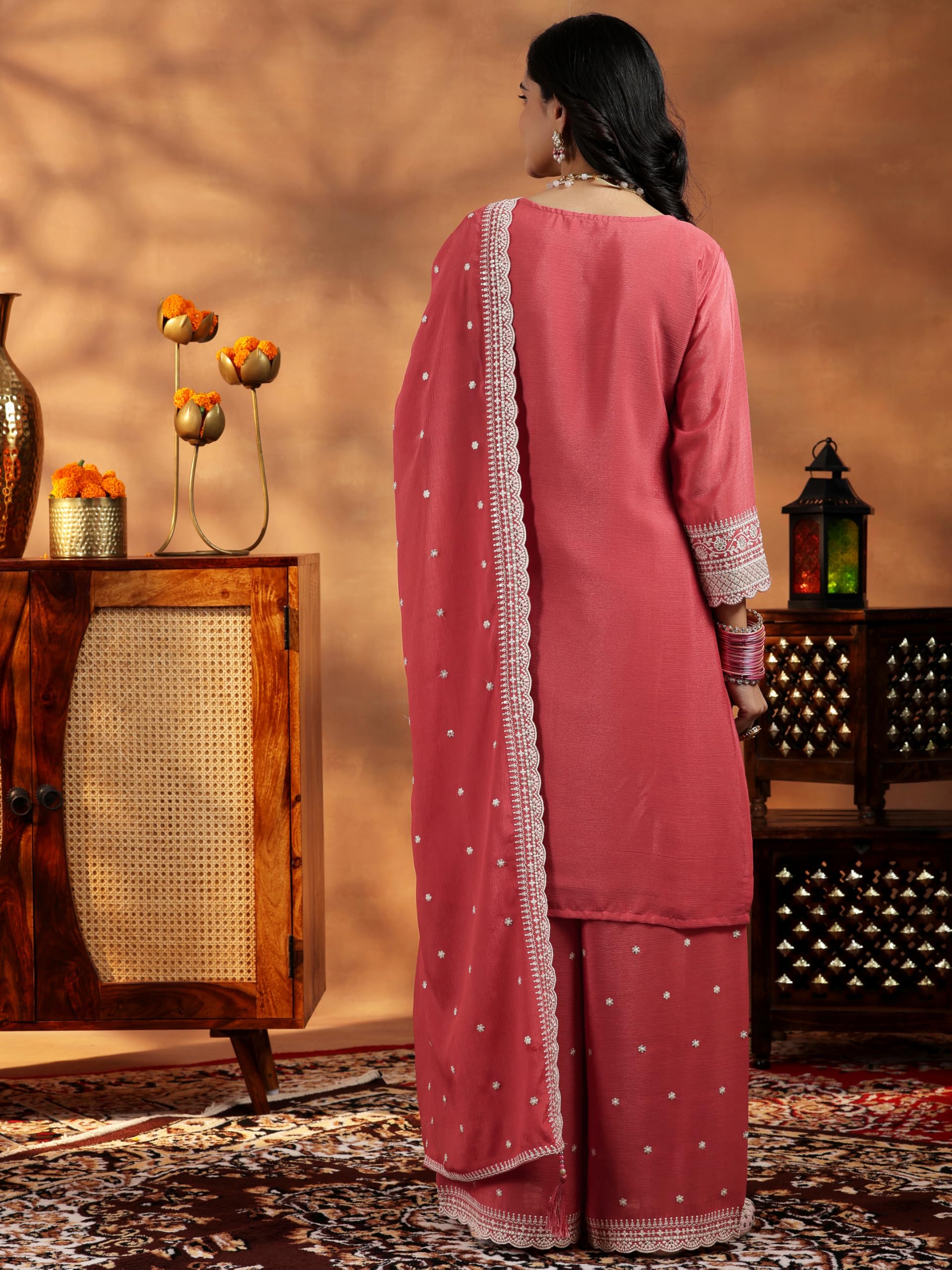 Libas Coral Embroidered Silk Blend Straight Kurta With Palazzos & Dupatta