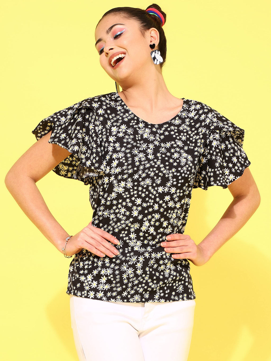 OOMPH! Womens Crepe Printed top with Boat Neck and Butterfly Sleeve