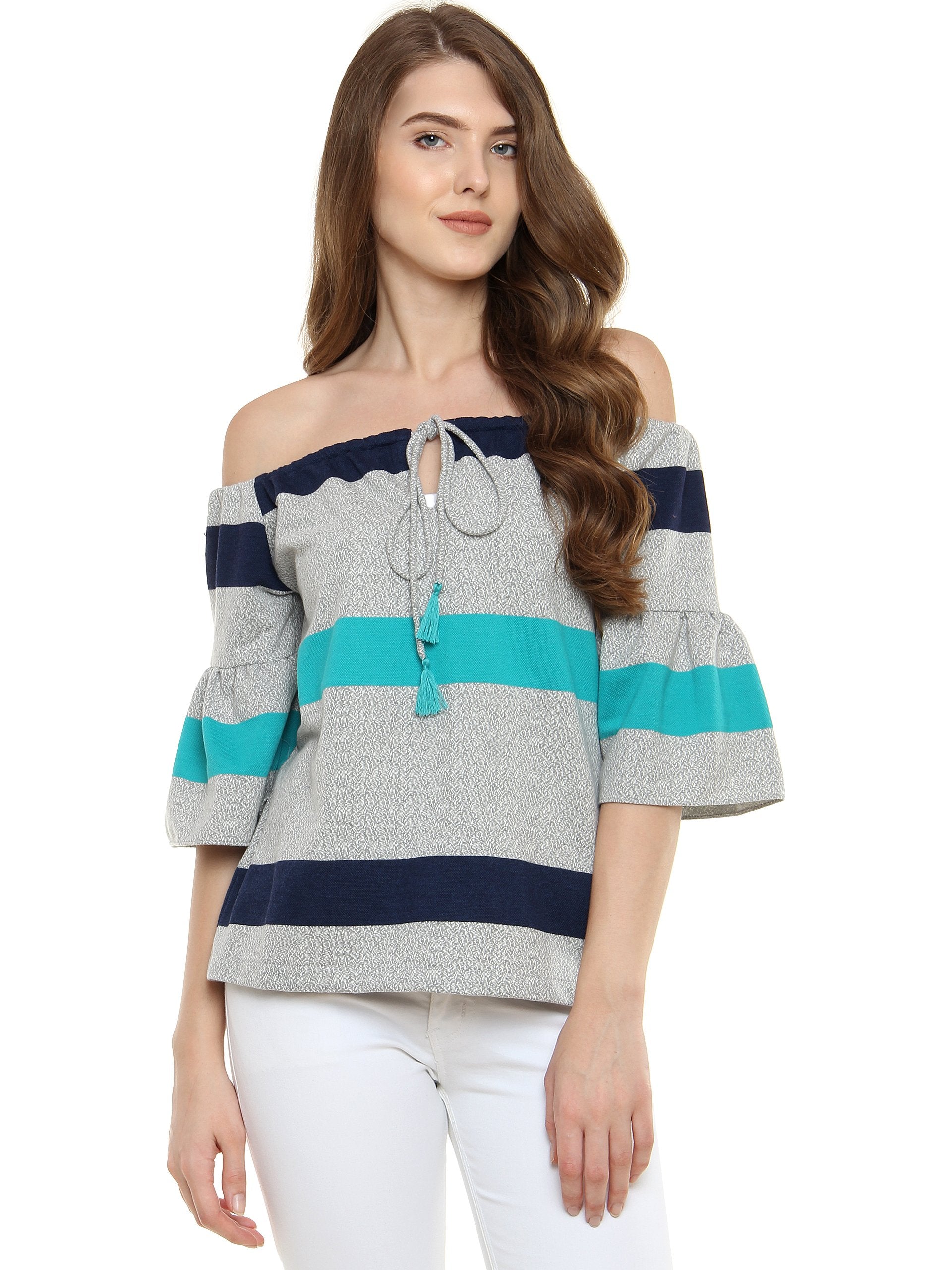 Miss Chase WomenS Multicolored Striped Off-Shoulder Top(Mcss17Tp08-32-166-03_Multicolor- Base Green_Small)