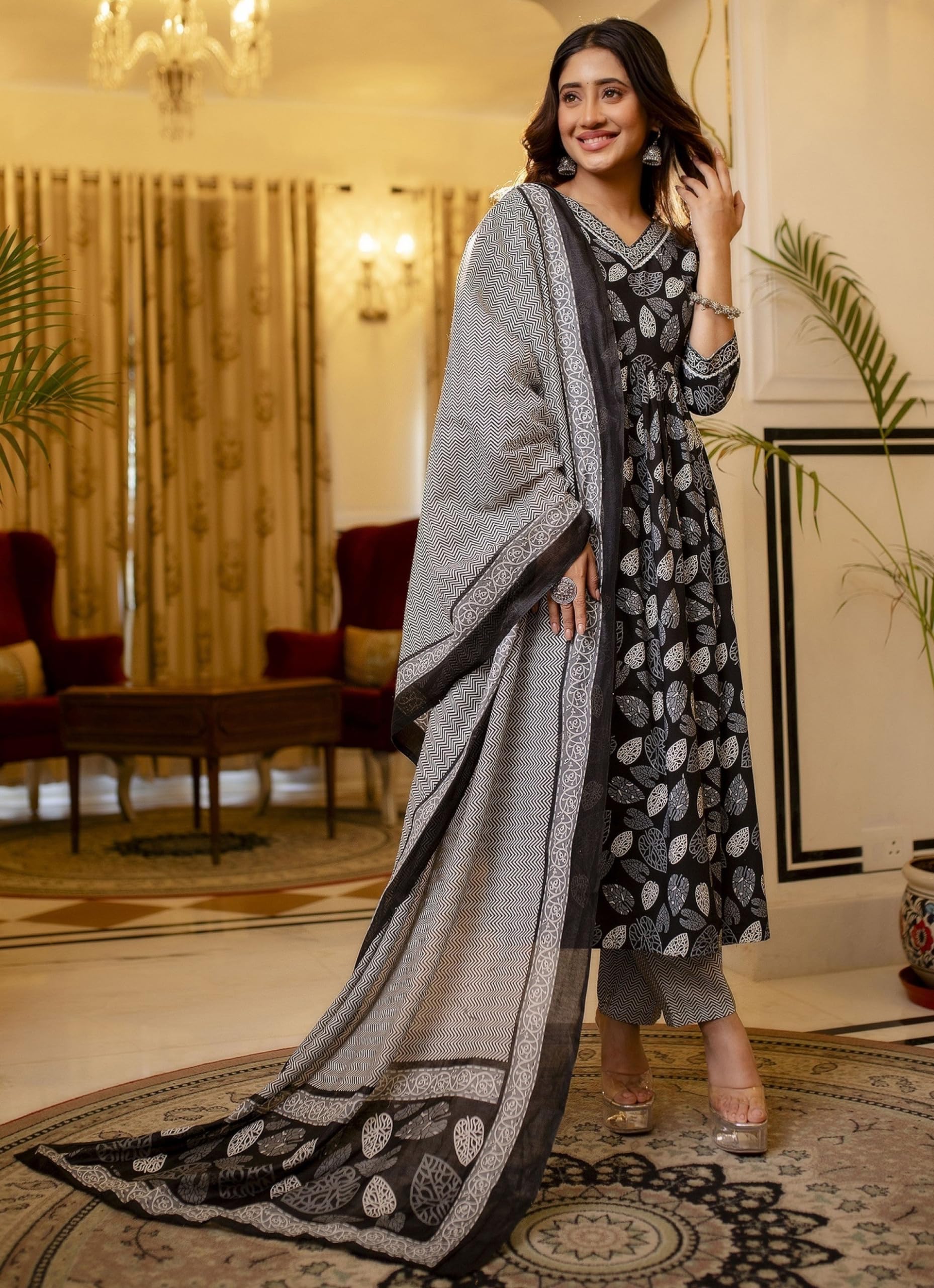LookMark Womens Printed Cotton Blend Lace A-Line Kurta Pant Dupatta Set - Ethnic Elegance for Every Occasion! Experience Comfor