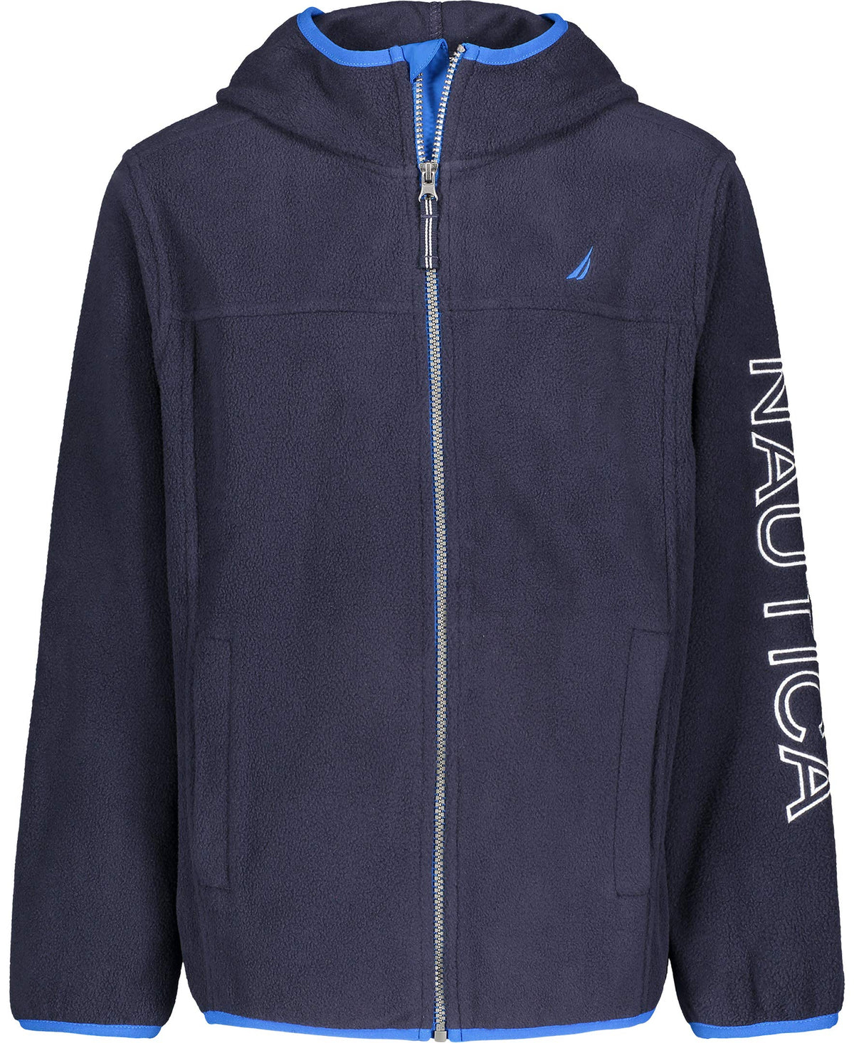 Nautica Boys Zip Up Hoodie Sweatshirt, Signature Logo Design, Kangaroo Pockets, Made with Lightweight Fleece, Navy/Sleeve Logo, 14-16