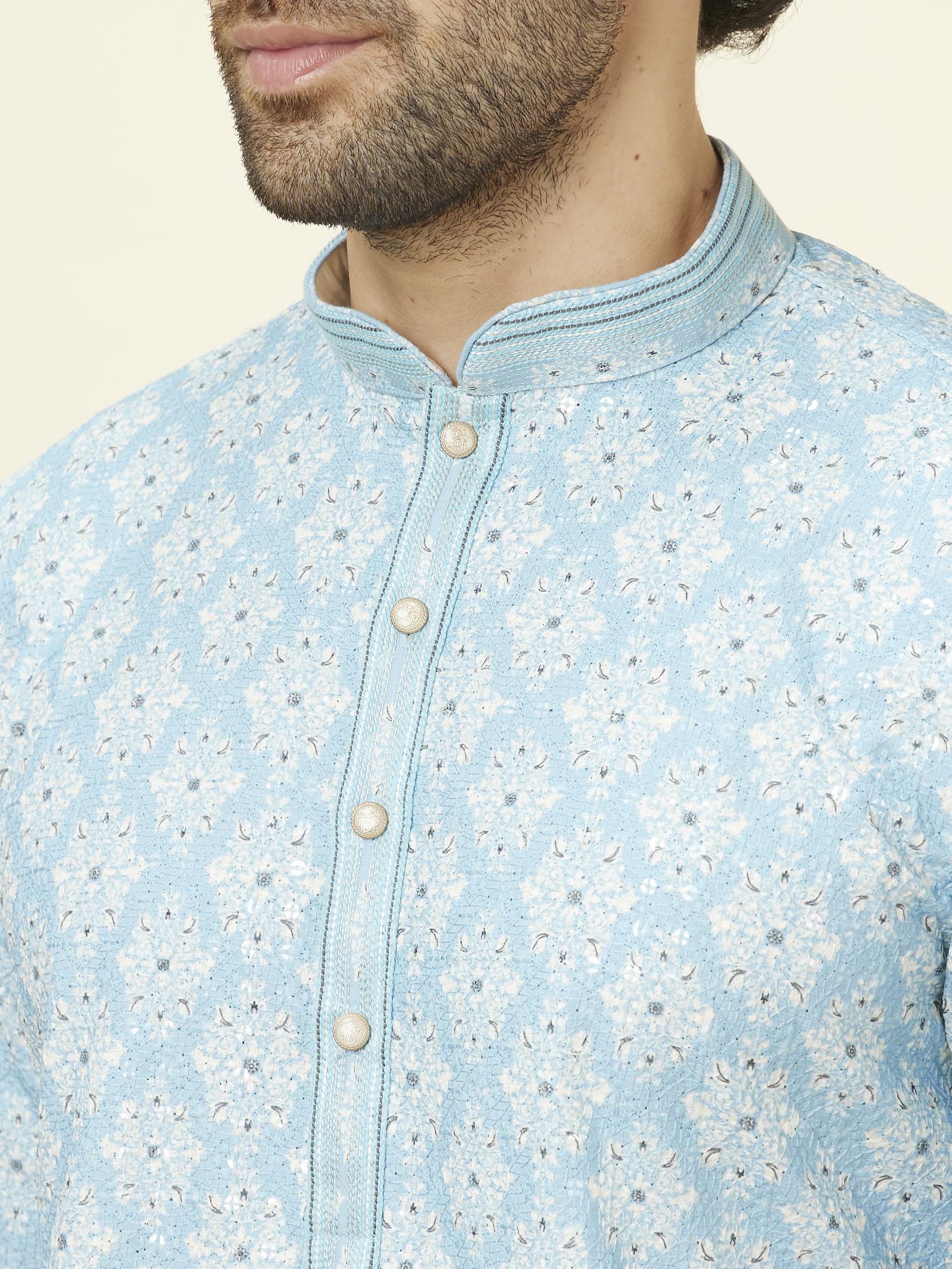 Manyavar MenS Blue Blended Cotton Printed Kurta Pyjama Set