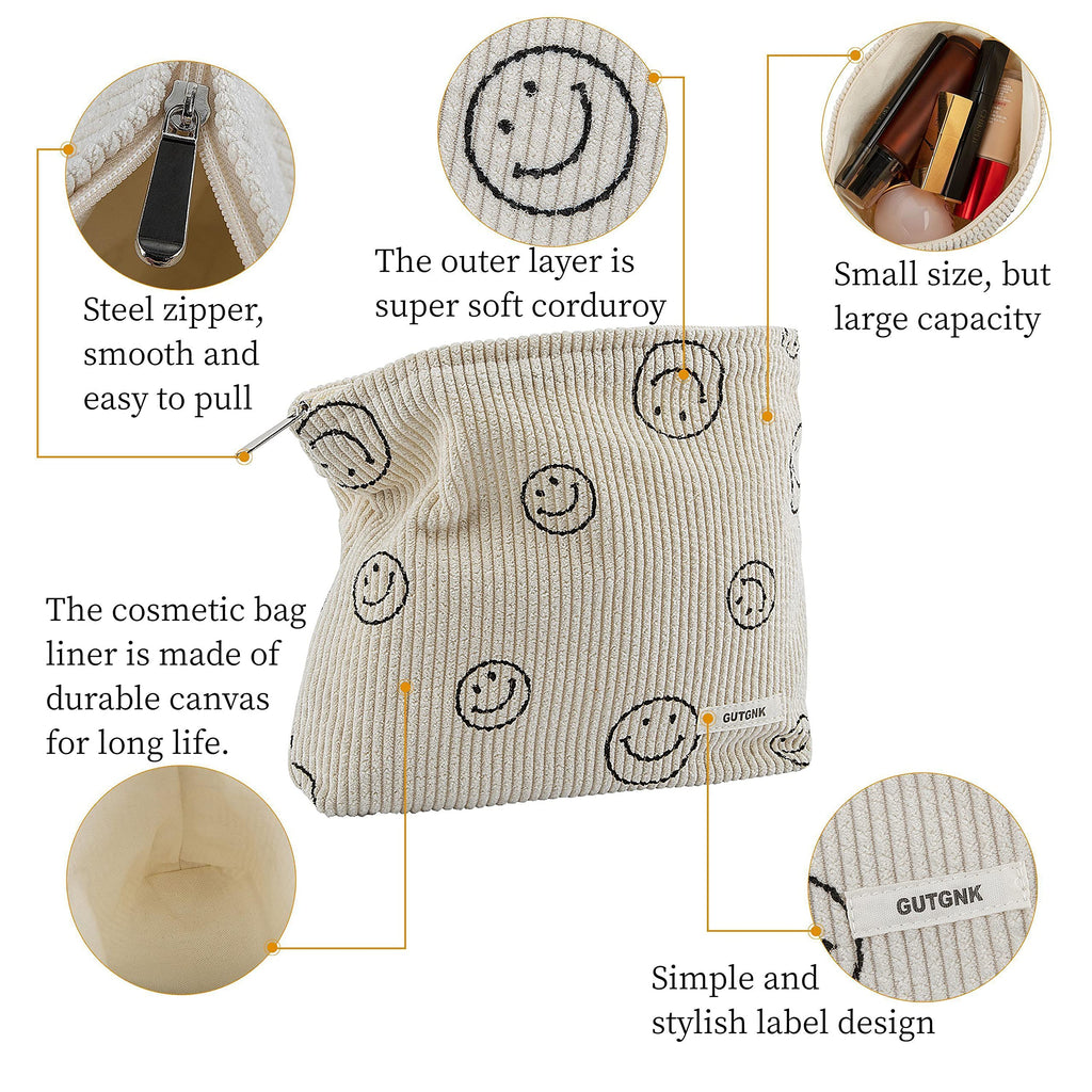 GUTGNK Makeup bag for Women, Corduroy Cosmetic Bag Aesthetic Design Ladies Tote Bag,Cute Smiley Face Makeup Organizer with Zippe