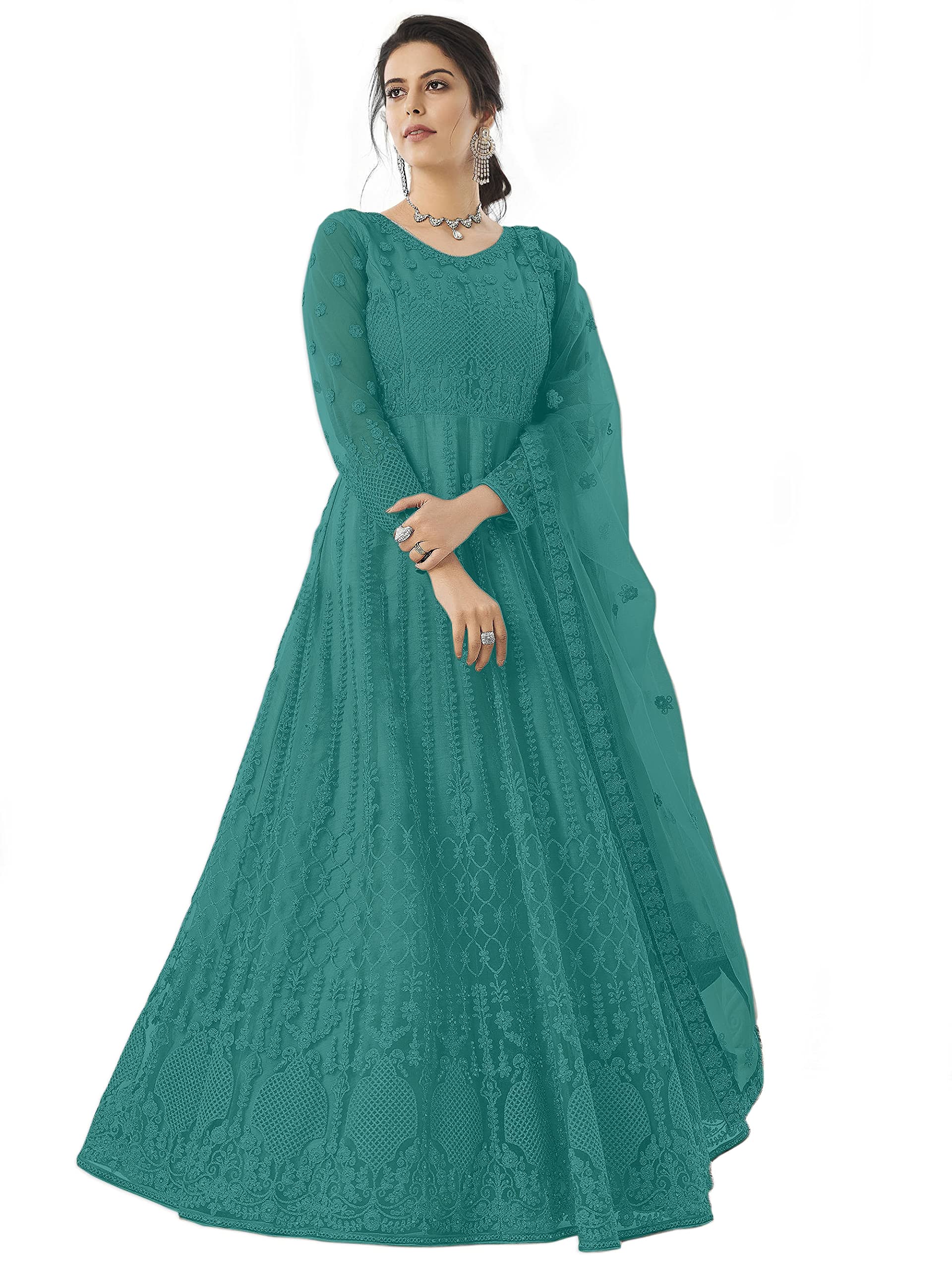 PATLANI Women Light Rama Long Gown, Net with Ultra Satin Inner Ethnic Flared Gown for Girls/Womens Semi Stitched Gown (Light R