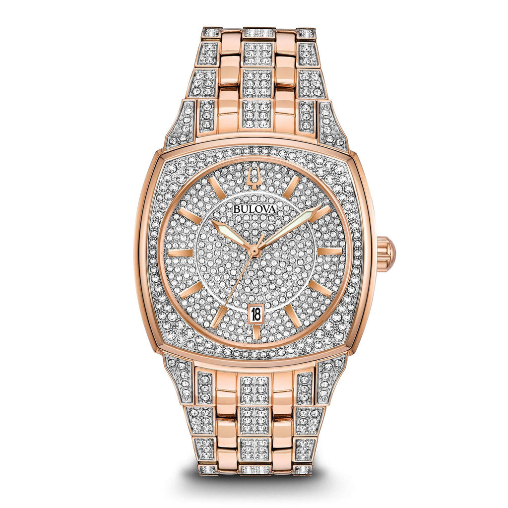 Bulova Men's Crystals Phantom Rose Gold Tone Stainless Steel 3-Hand Quartz Watch, Cushion Shape Dial with Curved Mineral Crystal