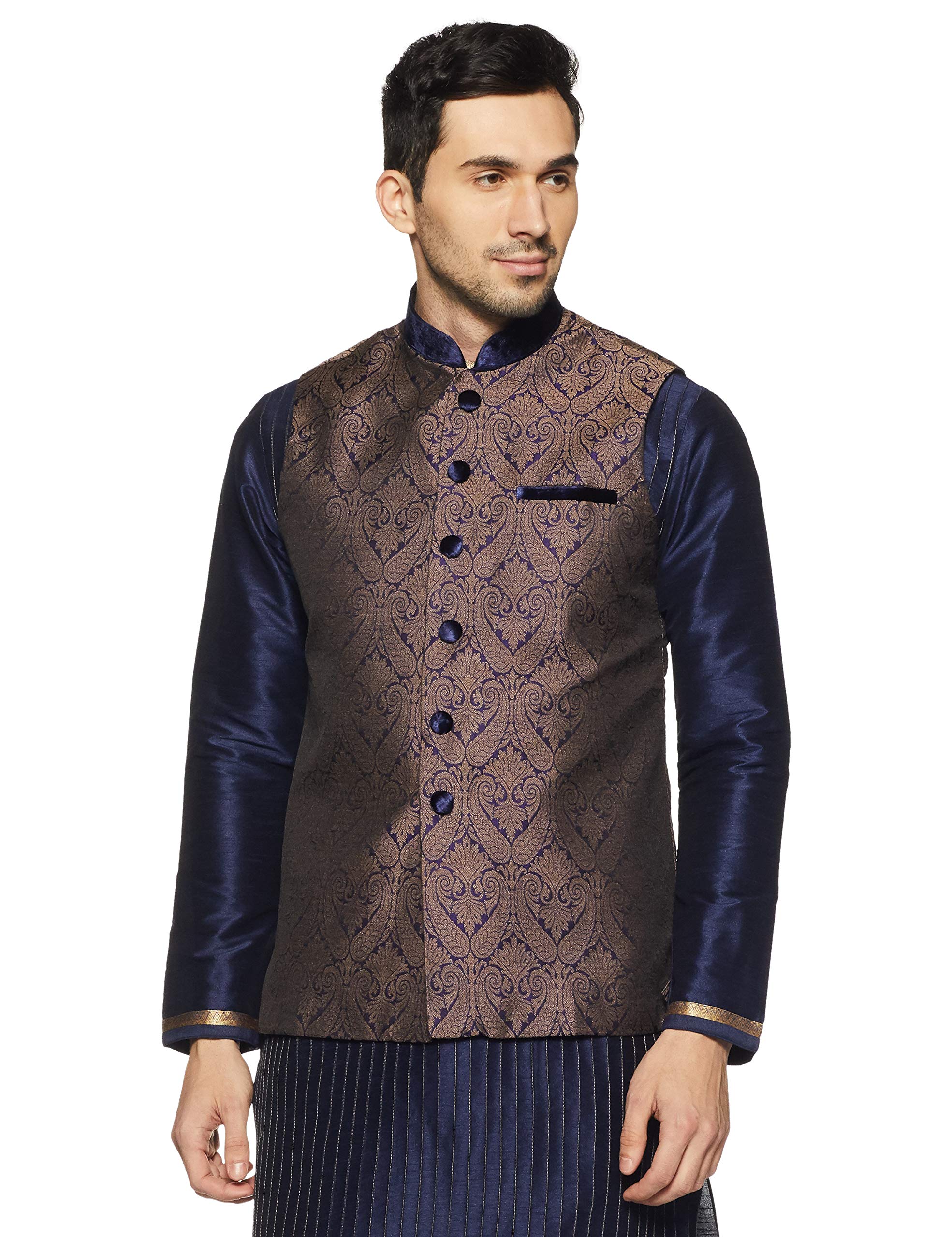 Manyavar MenS Blue-Beige Regular Fit Banded Collar Embroidered Nehru Jacket/Modi Jacket/Waistcoat, X-Large (J952358-306-Xl)