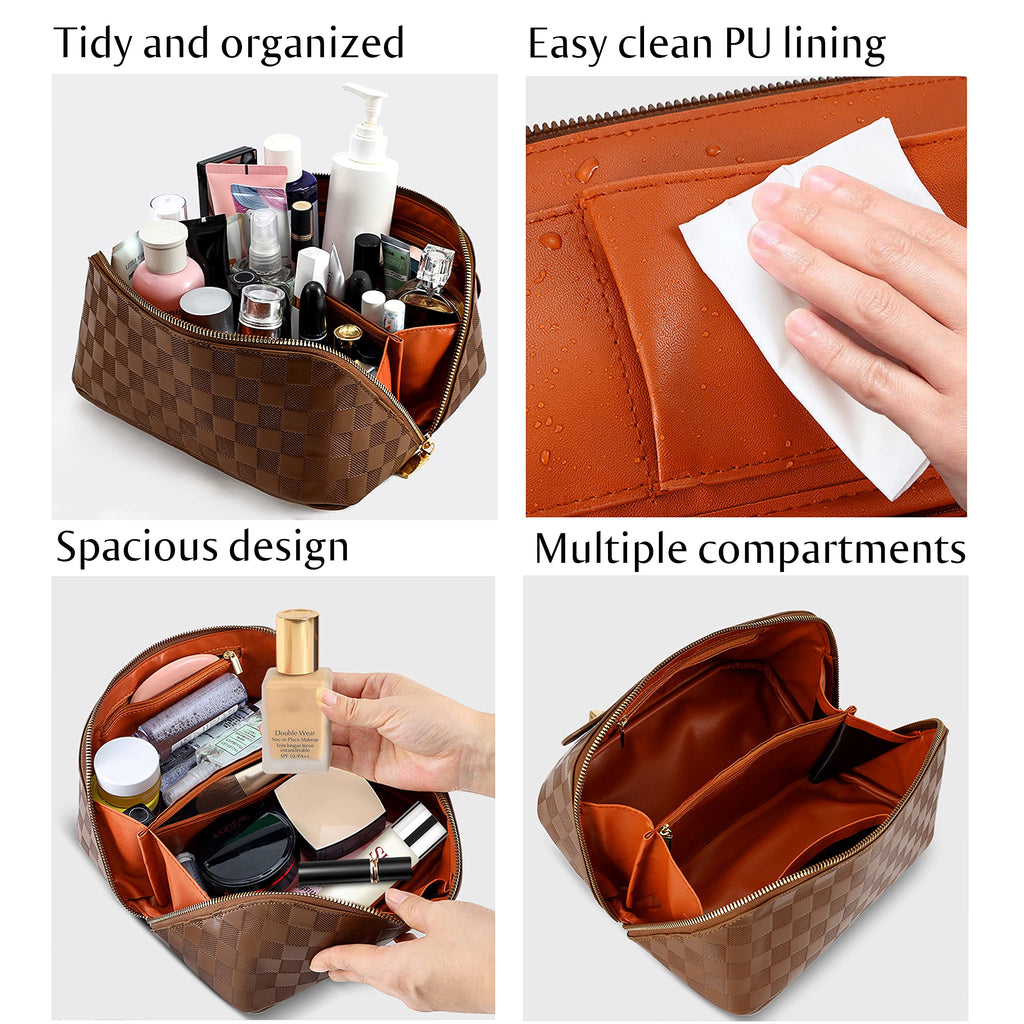 ALEXTINA Large Capacity Travel Cosmetic Bag - Portable Women Waterproof PU Leather Checkered Makeup Organizer with Dividers and