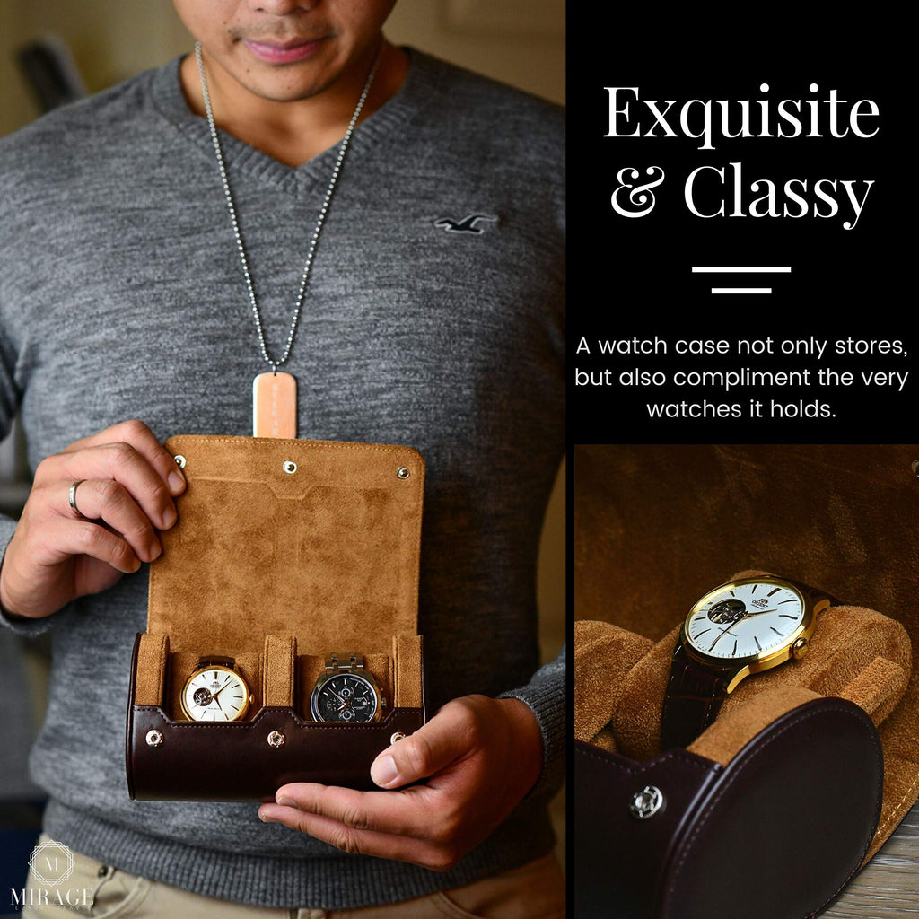 Watch Travel Case for Men - 2 Watch Roll Case Organizer Display - Watch Case - Watch Organizer - Espresso Brown