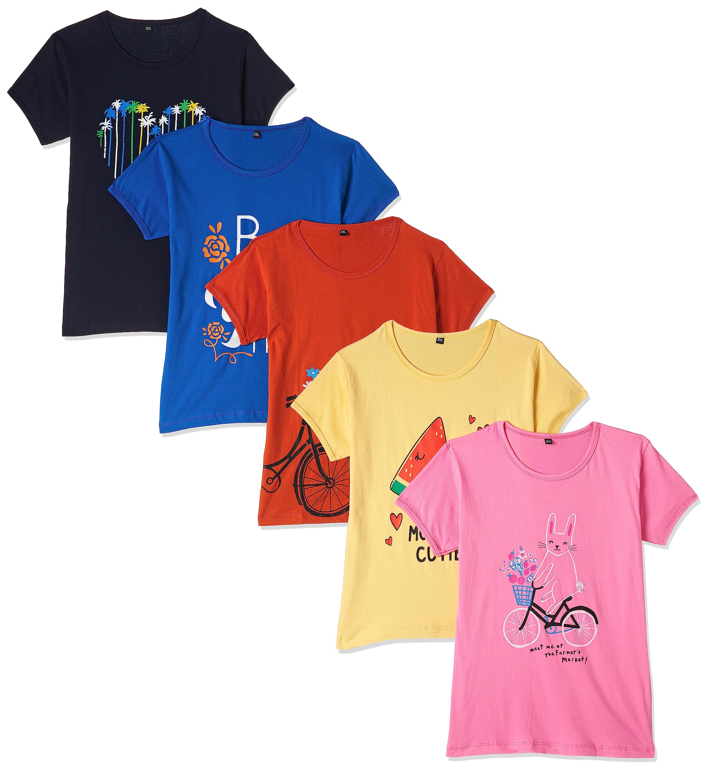 T2F Girls Solid Regular Fit T-Shirt Pack of 5(GLS-TSRT-01_Multicolor 4_2 Years-3 Years)