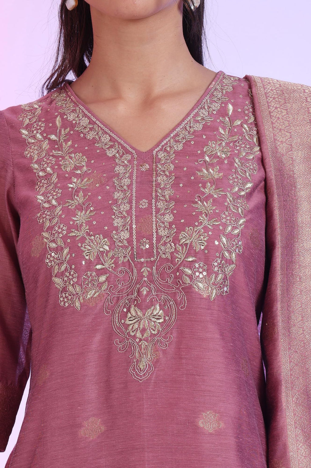 Aurelia Women'S Purple Yarn Dyed Straight Kurta With Palazzos & Dupatta Set