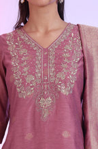 Aurelia Women'S Purple Yarn Dyed Straight Kurta With Palazzos & Dupatta Set