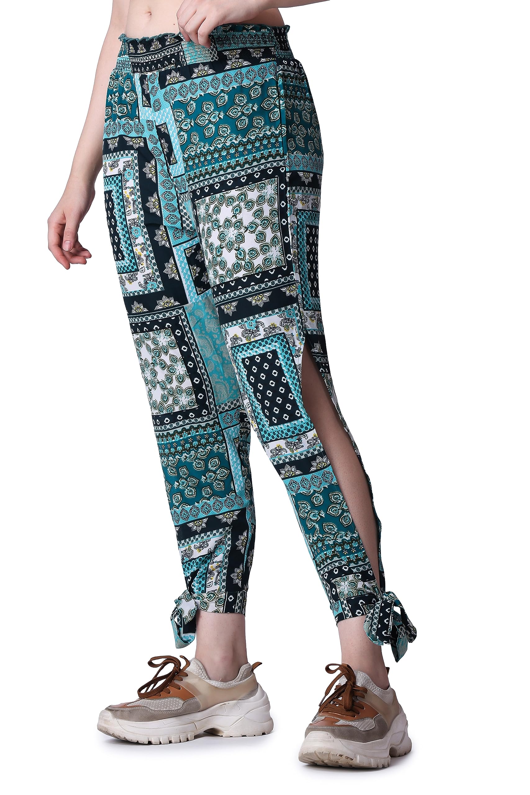 POPWINGS Casual Boho Printed Side Long Slit Trousers for Women || Summer Wear Comfortable Pull-On Women Trousers || Latest Weste