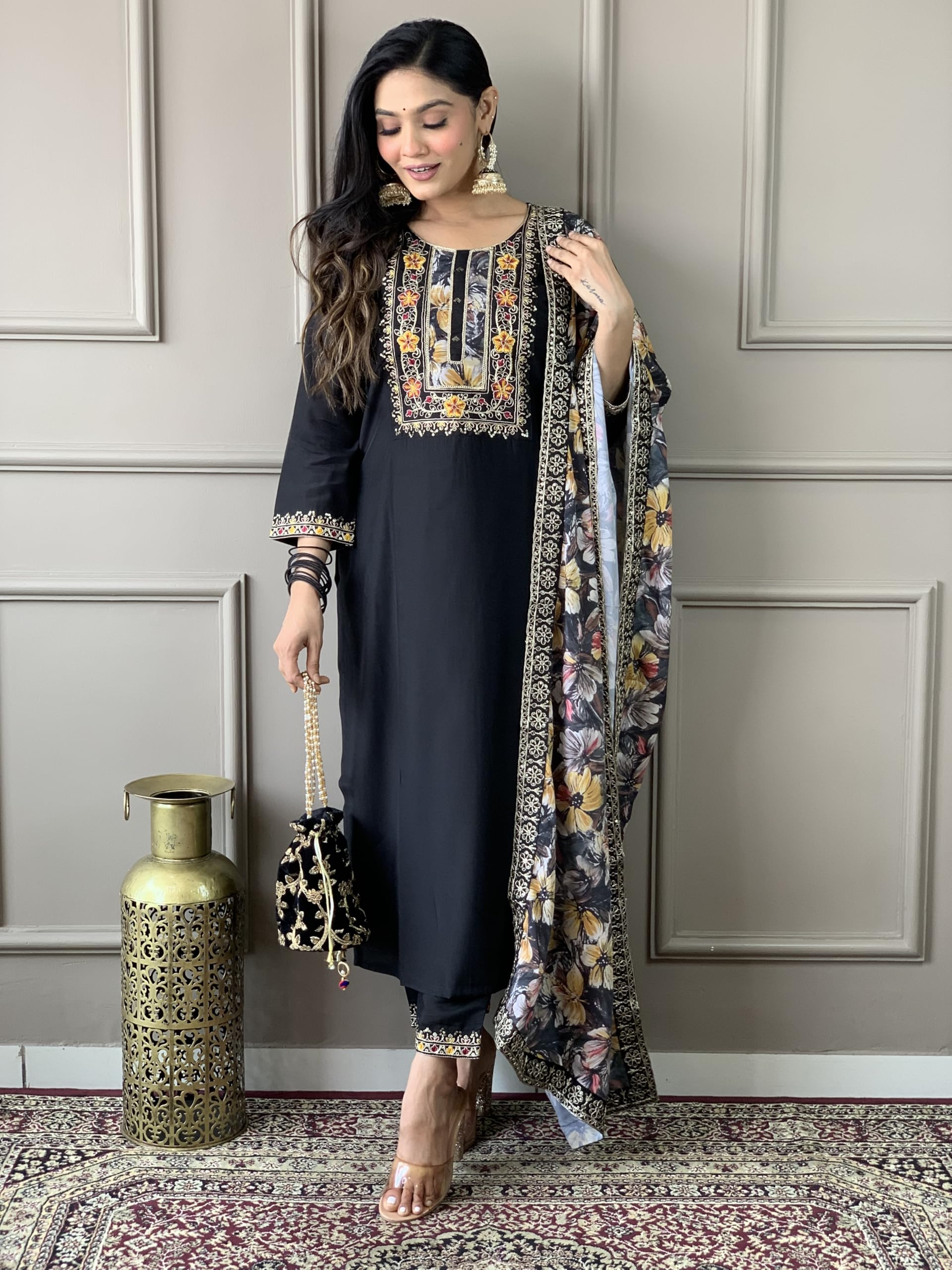 Naixa Womens Black Chanderi Viscose Embroidered Straight Kurta with Pant and Crep Silk Printed Dupatta Sets